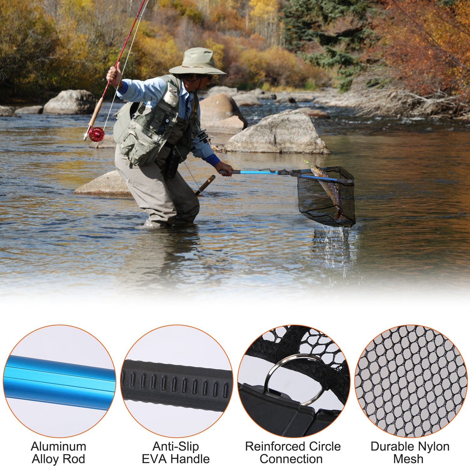 Redes de Pesca Plegables para Verano con Palo de Aleación de Aluminio Manija EVA Dura Resistente a la Corrosión 5MM Malla Hexagonal de Nylon Nano Coating Redes Colapsables para Coger o Liberar Pescado Seguras — imagen 9