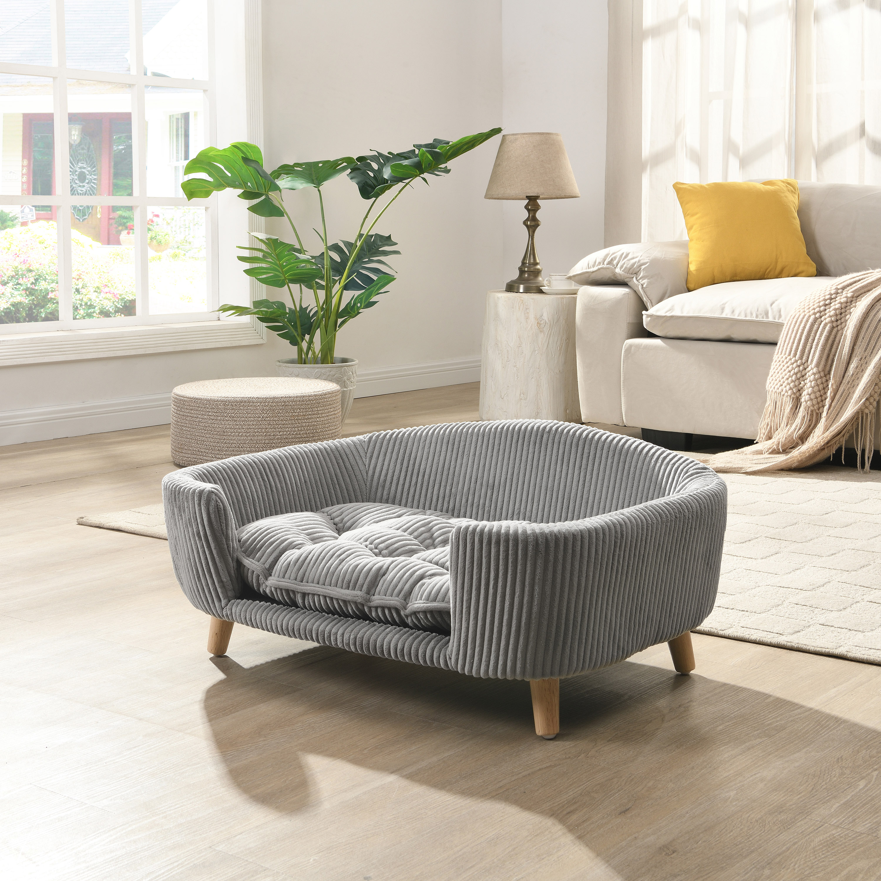 Elevated Dog Bed Frame for Small Dog, Corduroy Pet Couch Bed with Rubber Wood Legs and Supportive Foam, Grey, Easy Assembly — image 12