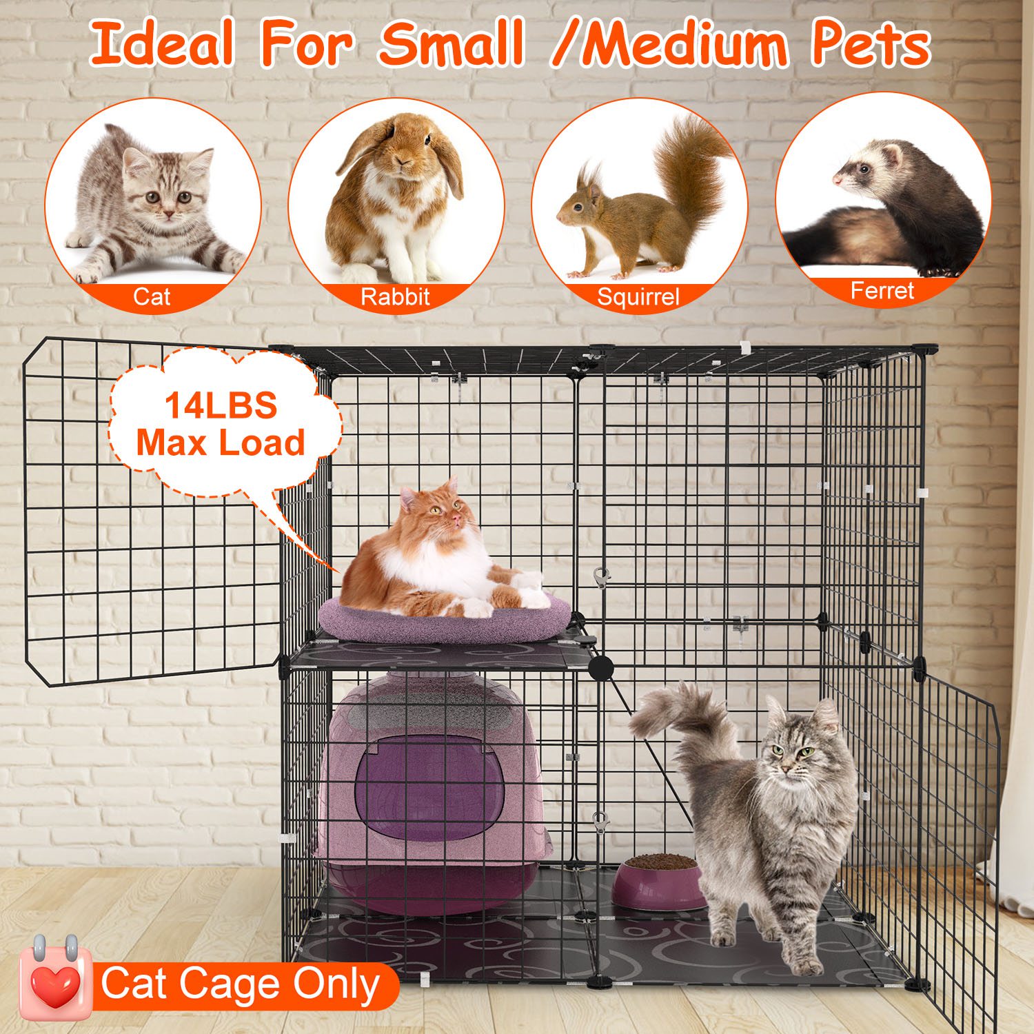 Jaula/Parque para Gatos de 2 Niveles, Recinto para Mascotas de Interior, Casa Jaula para Gatitos Desmontable con Escalera para Trepar, 2 Puertas, para 1 a 2 Gatos, Hurones, Ardillas y Otros Animales Pequeños — imagen 9