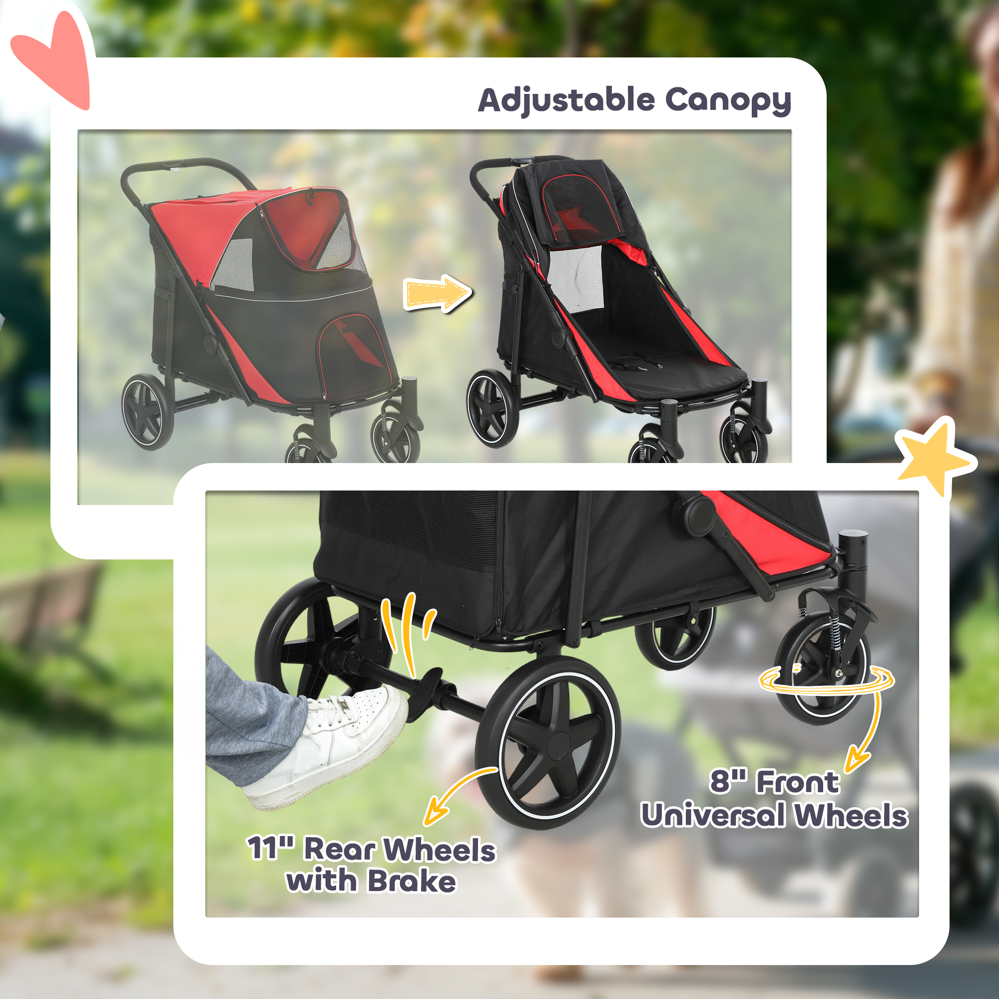 Dog Stroller for Large Medium Small Dogs up to 66 Lbs. 23.5" in Body Length, One-Click Foldable Pet Cat Stroller with Storage, Shock Absorption Wheels, Mesh Window, Safety Leash, Red — image 7