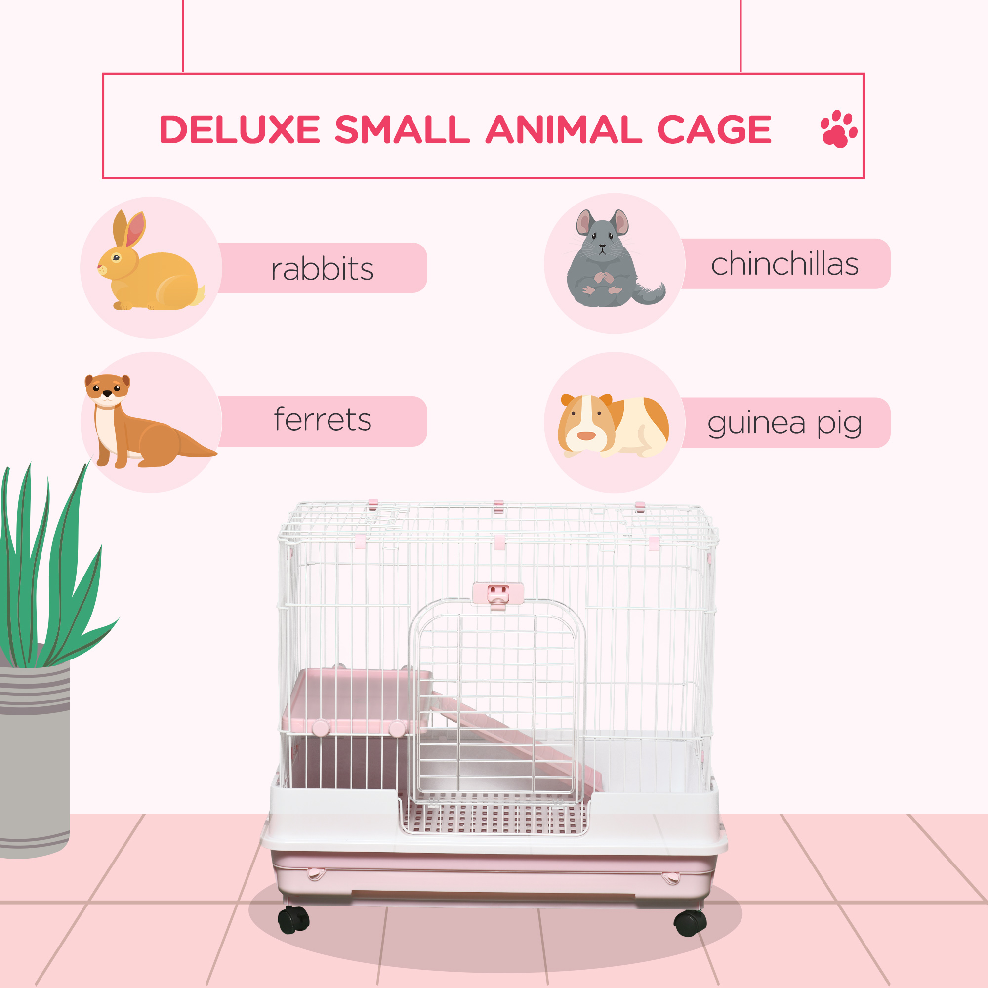 2-Level Small Animal Cage Rabbit Hutch with Wheels, Removable Tray, Platform and Ramp for Bunny, Chinchillas, Ferret, Pink — imagen 5