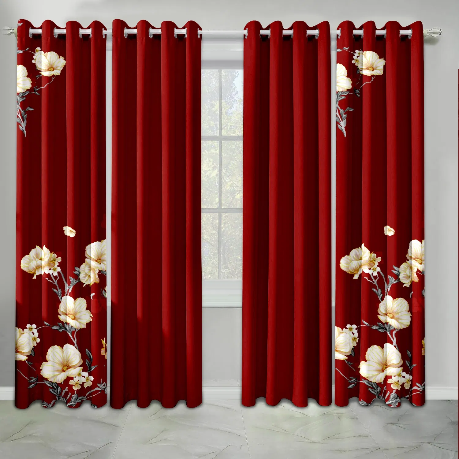 9-Piece Burgundy Red Floral Bedding & Curtain Combo Set, Elegant Wine Red Quilted Bedspread with 6 Light Filtering Window Panels & 2 Shams, Easy Care Microfiber Coverlet, Pet Friendly — image 12
