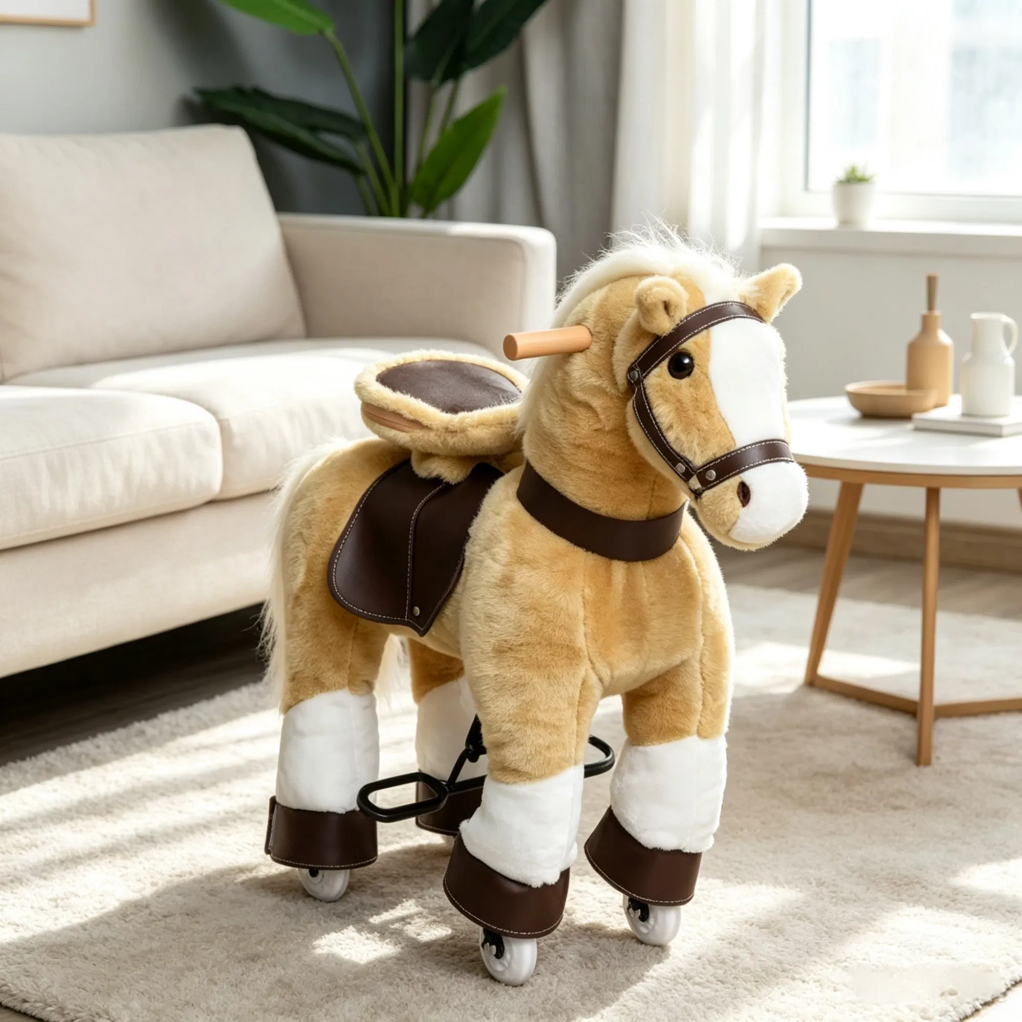 Light Brown Plush Walking Horse Ride-On Toy: Sturdy Wheeled Kids Riding Chair for 3-8 Years Old