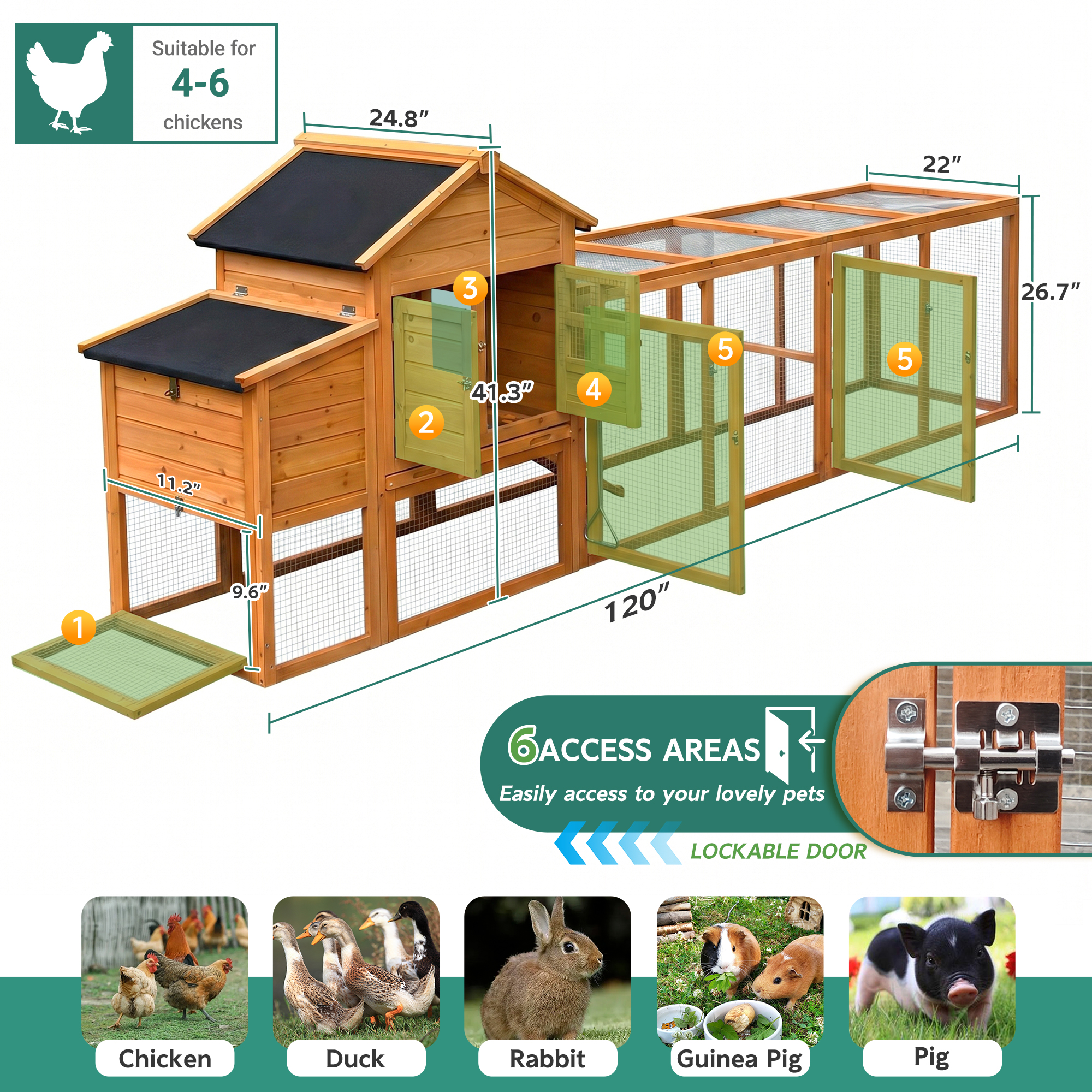 Large Chicken Coop With Run And Nest Box And Removable Tray, Hen House For 4-6 Chickens, Outdoor Weatherproof Small Animal Cages — imagen 3