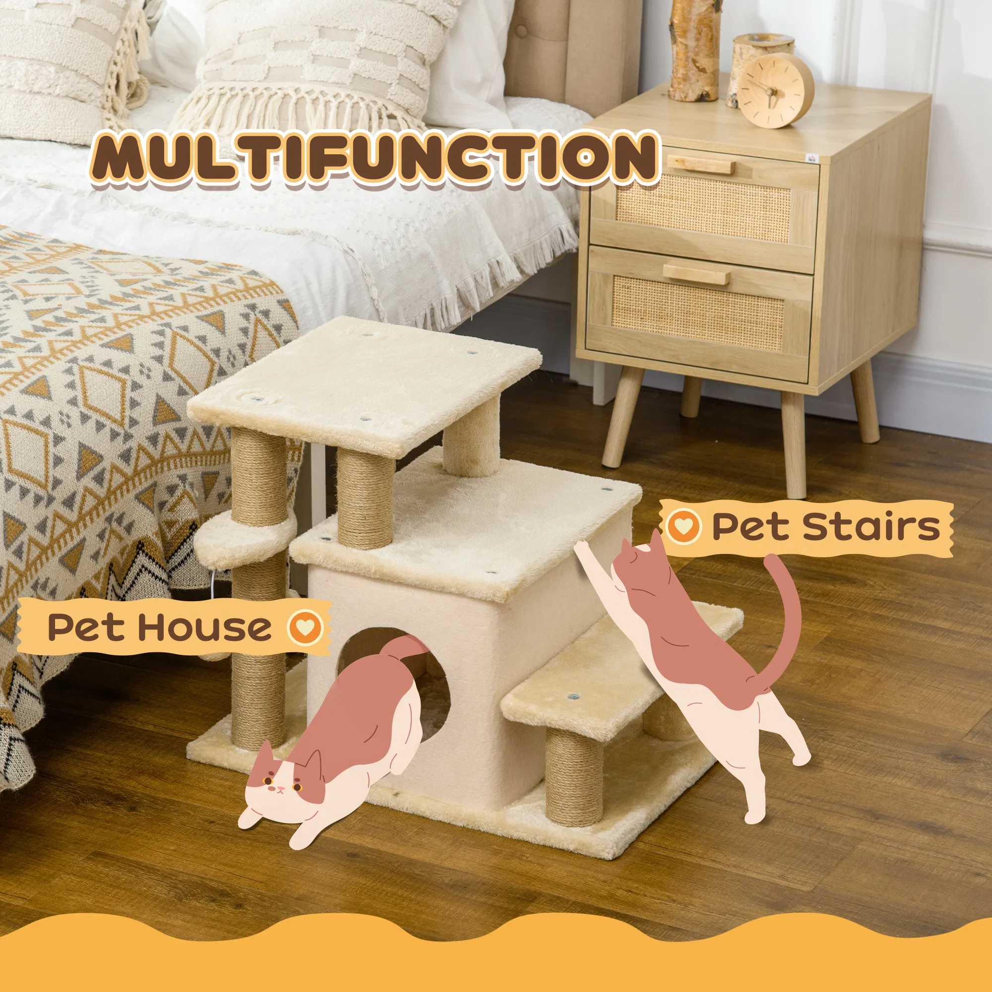 Cat Stairs Pet Steps for Couch Bed with Scratching Posts Condo Ball Toy, 23.6" x 15.7" x 26", Beige — image 5