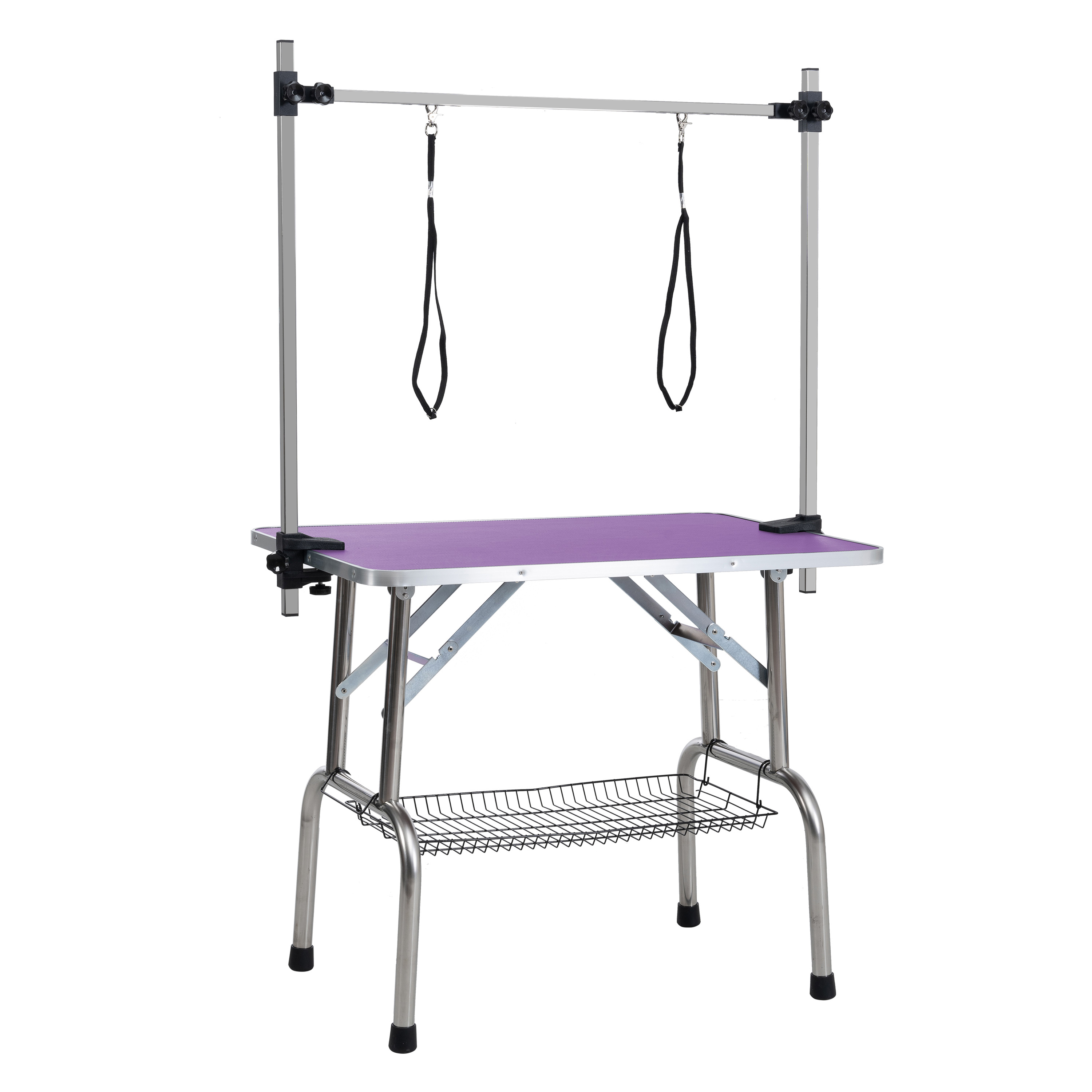 Mesa de Aseo Plegable de 42" para Perros y Mascotas, Marco de Acero Inoxidable, Tapete de Goma en la Tabla, con Brazo Ajustable y Sujetadores, Mesa de Aseo para Perros y Gatos, Color Morado — imagen 5