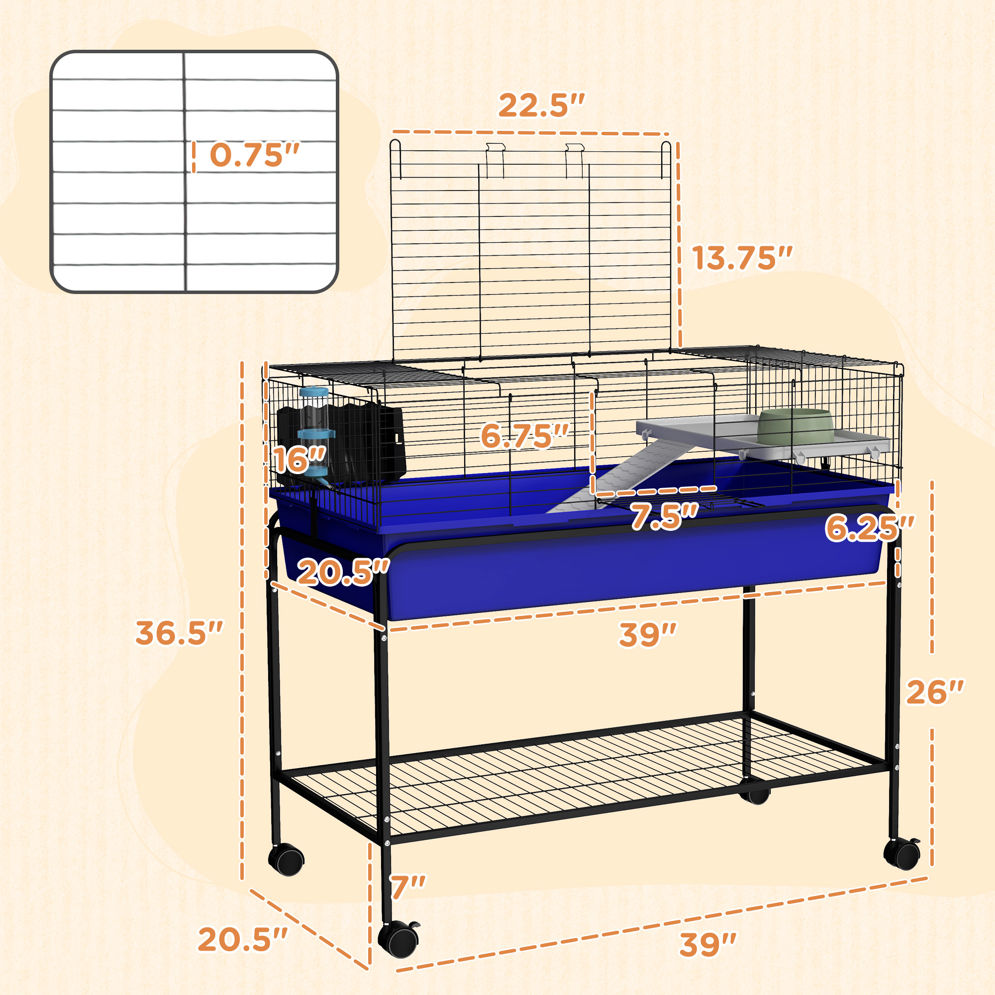 Two-Story Small Animal Cage Removable from Stand, Pet Habitat with Shelf & Wheels, 39" x 20.5" x 36.5", Blue — imagen 4