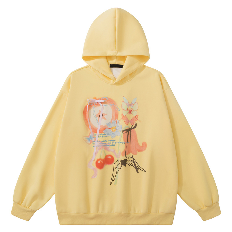 Grey loose hooded apple butterfly cherry hoodie — image 3