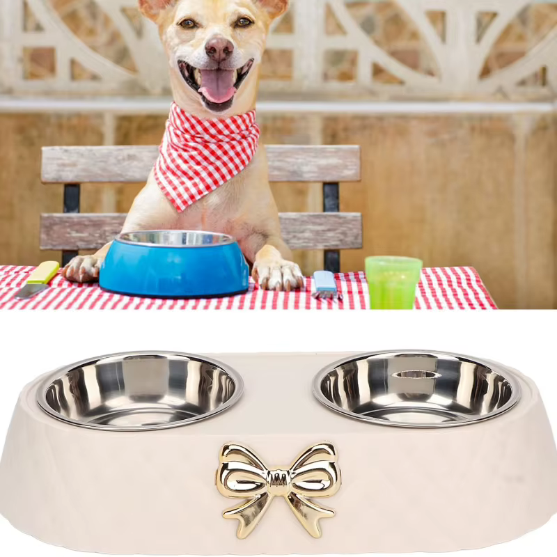 Double Pet Bowl Set Stainless Steel Pet Bowls With Bowknot Decor Holder Non-Slip Non-Spill Food Water Feeding Bowl Set For Small Medium Dogs Cats Puppies Adjustable Elevated — image 4