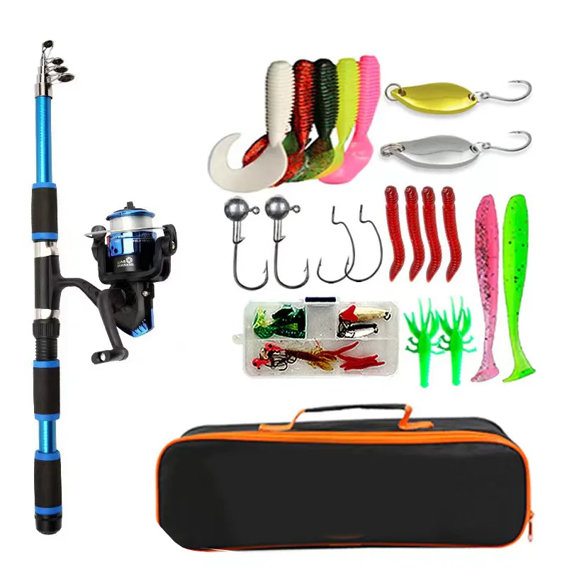 Conjunto de Caña de Pescar Completo con Caña Telescopica y Reel de Spinning, Moscas, Ganchos y Equipo de Viaje — imagen 1
