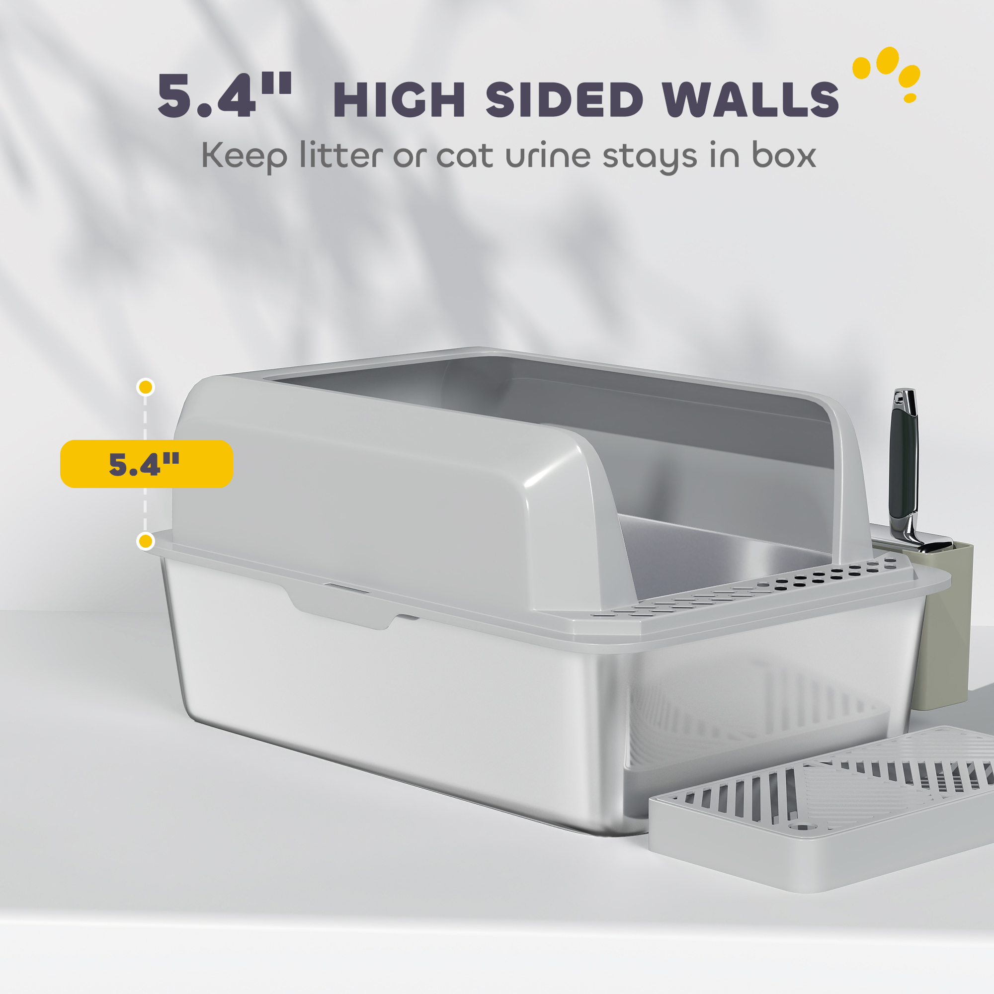 Caja de Arena Estilo Acero Inoxidable con Cuchara y Soporte, Altas Pareces, Prevención de Derrames Urinarios, Anti-Resbalón — imagen 2