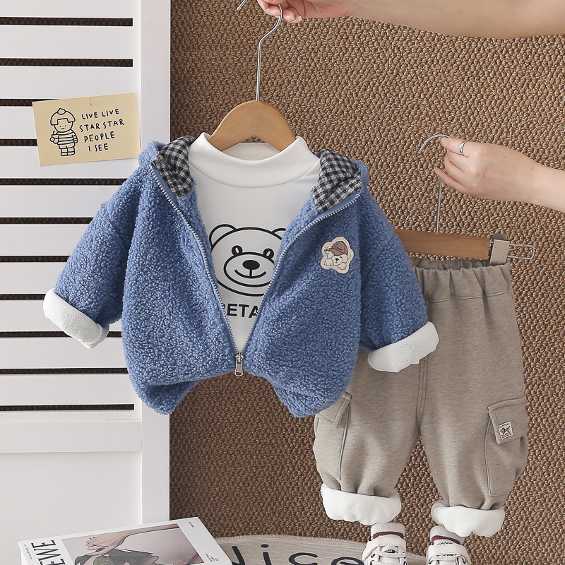 Boys Autumn Winter Fleece Lined Thickened Puppy Print Hooded 3-Piece Set Kids Clothes — image 8