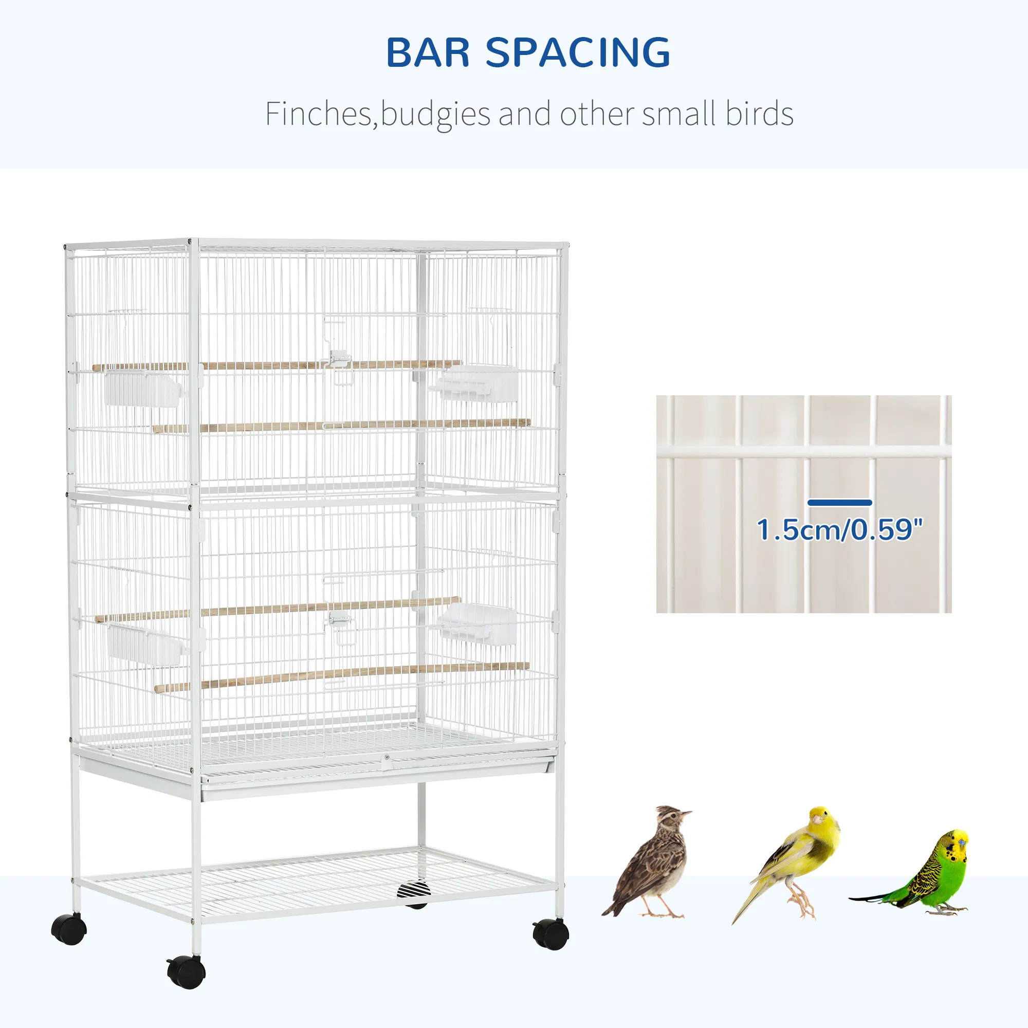 52" Large Rolling Steel Bird Cage Bird House with Rolling Stand, Storage Shelf, Wood Perch, Food Container, White — image 2