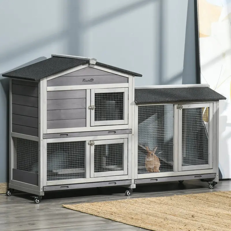 Wooden Mobile Rabbit Hutch With Wheels, Run Box, Slide-out Tray, Ramp — imagen 4