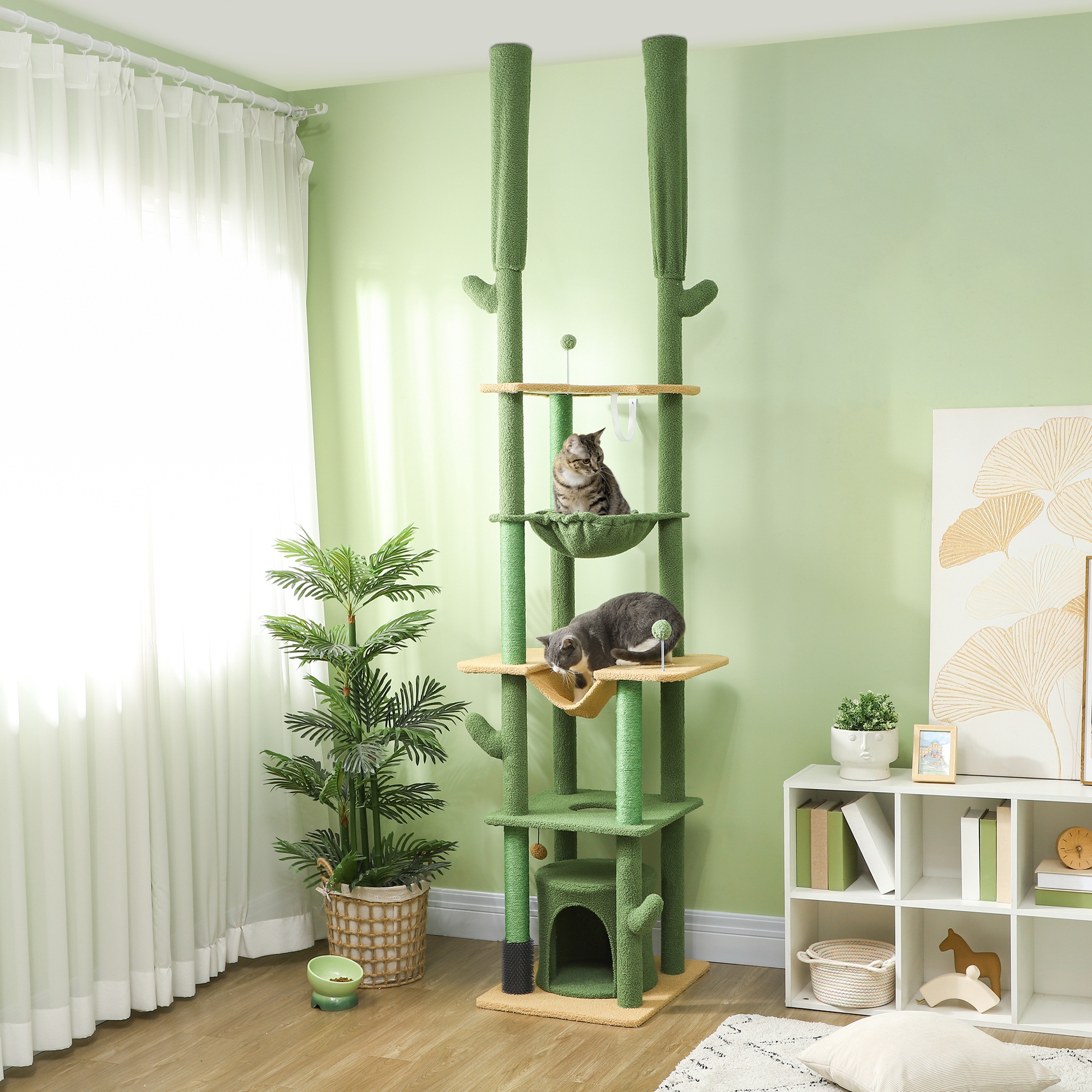 Rascador para Gatos del Piso al Techo 89"-100", Torre para Gatos con Poste con Cepillo de Aseo, Casita y Hamaca, Verde — imagen 6