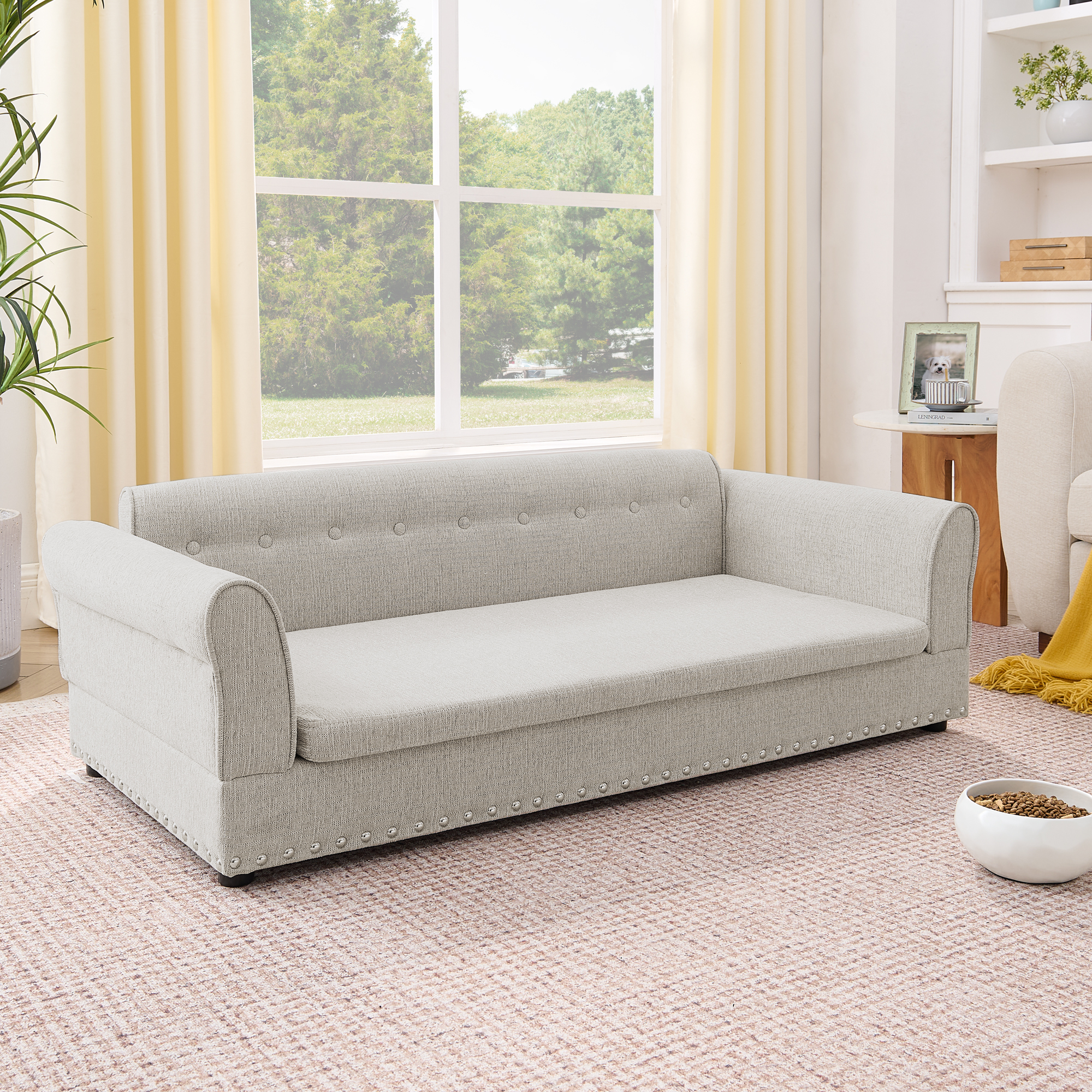 Silla de Sofá Grande para Mascotas, Estilo Moderno Elegante con Tela de Lino, Silla de Perro Elevada con Espaldar y Manijas para Canes Grandes - Beige — imagen 2