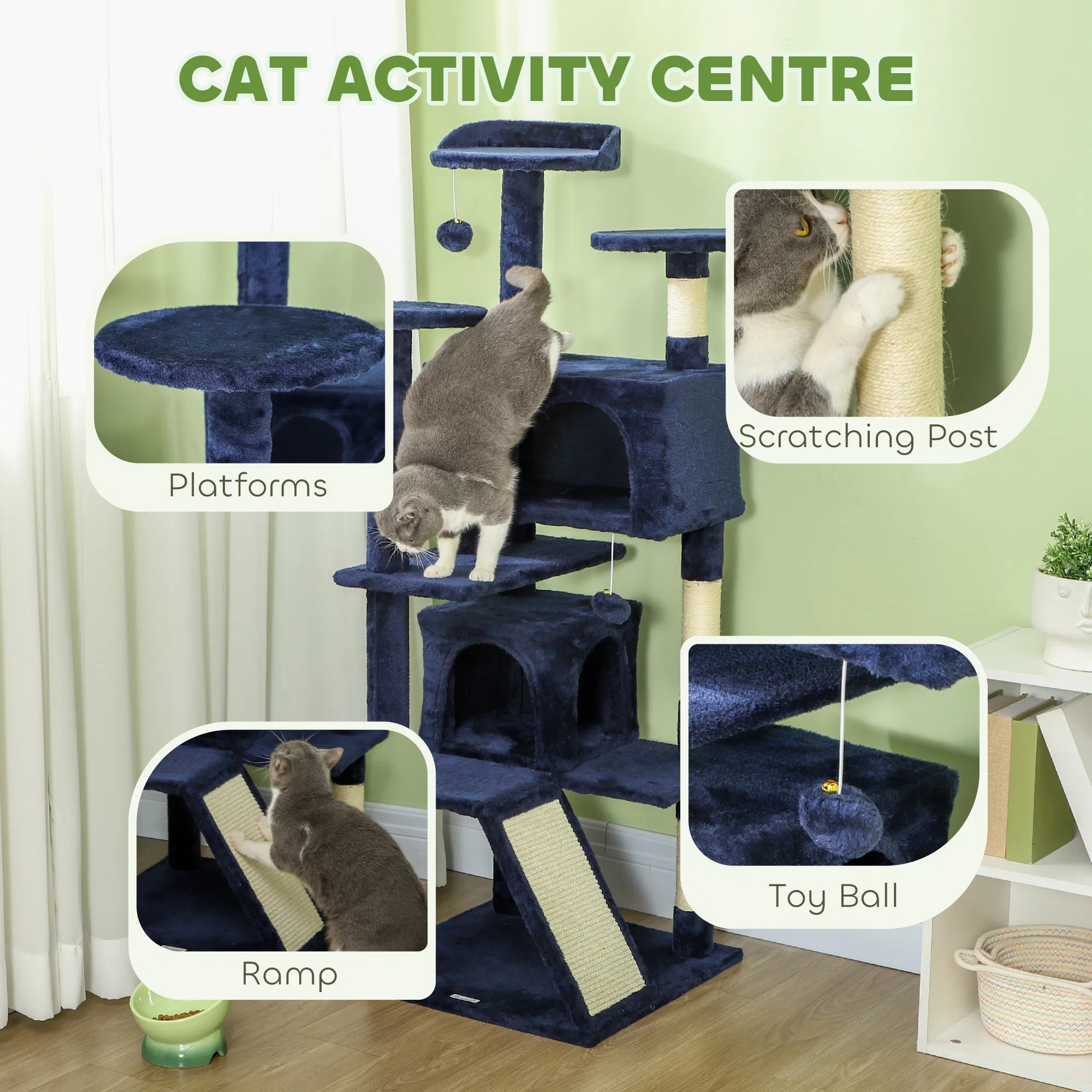 54" Cat Tree, Multi-Level Cat Tower with Scratching Posts, Cat Condos, Bed, Platforms, Ramp, Toy Ball, Dark Blue — image 2