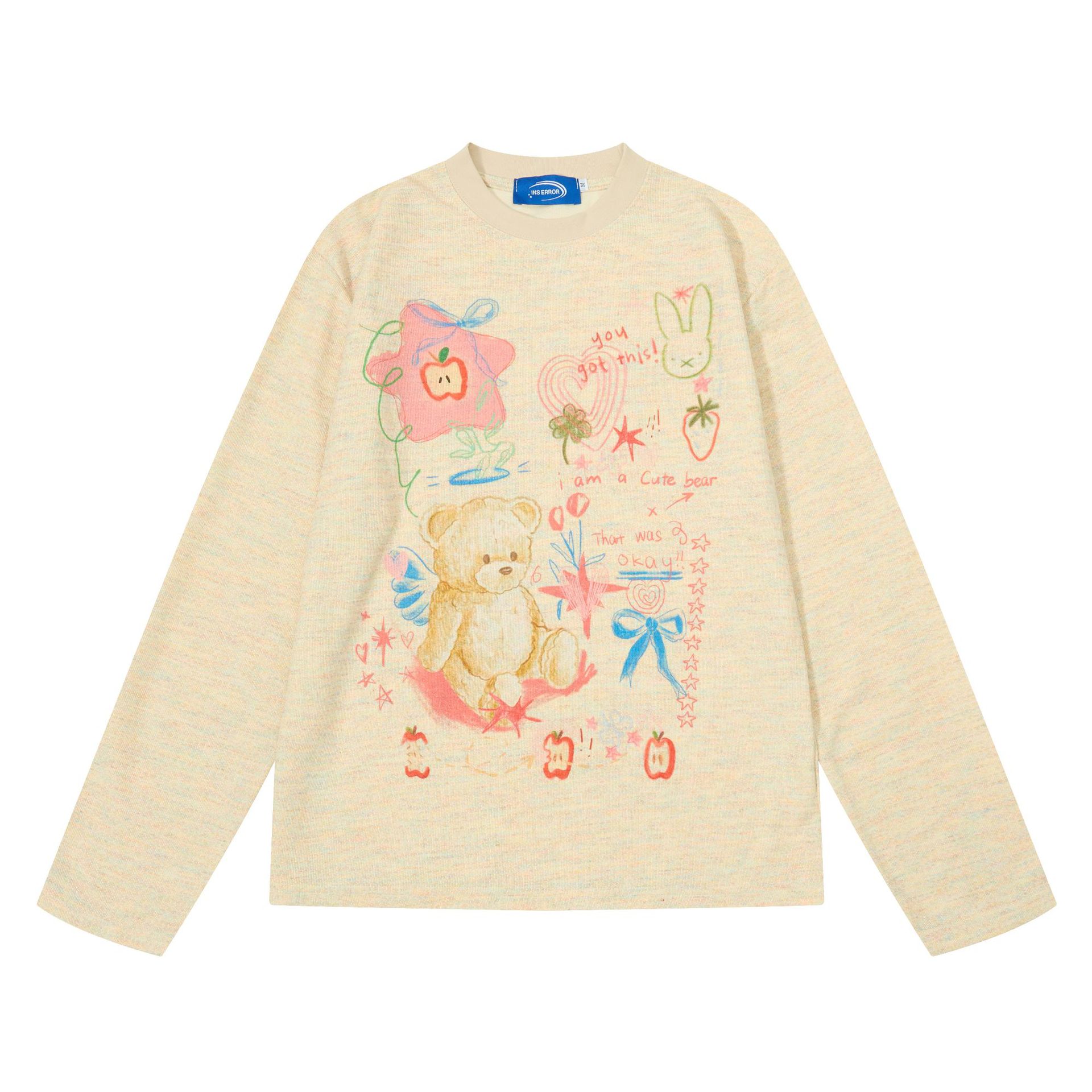 Cartoon Bear Strawberry Bow Graffiti Print Long Sleeve Round Neck Loose T-Shirt — image 1