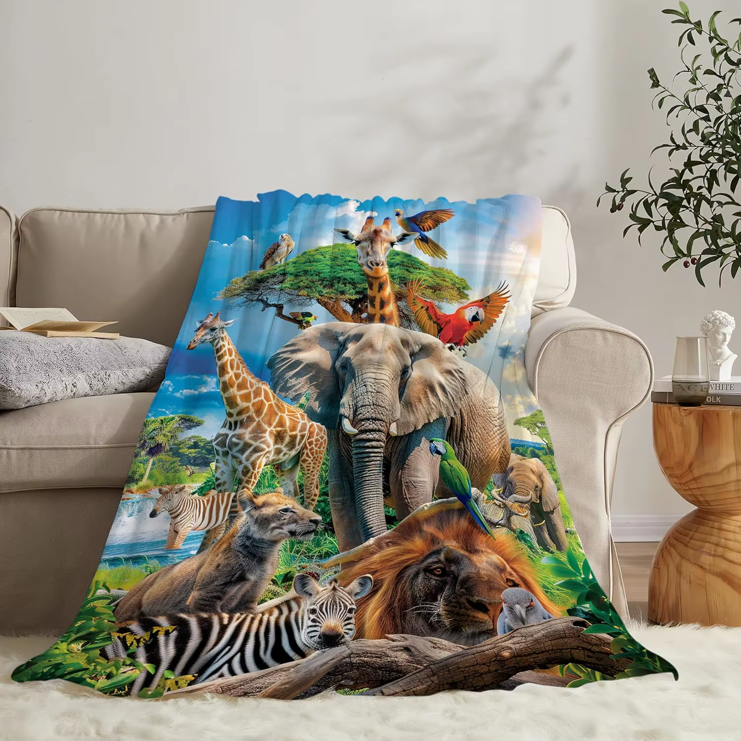 Manta de Animales del Zoológico – Muy Suave Cobertor Temático de Selva con Elefantes, Jirafas y Cebras para Niños y Adultos — imagen 1