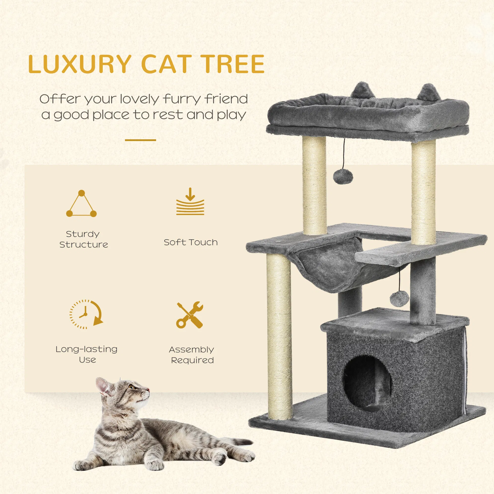 39.25'' Cat Tree Tower Multi-Level Kitten House with Scratching Post Condo Hammock Bed Ball Toy - Gray — image 6