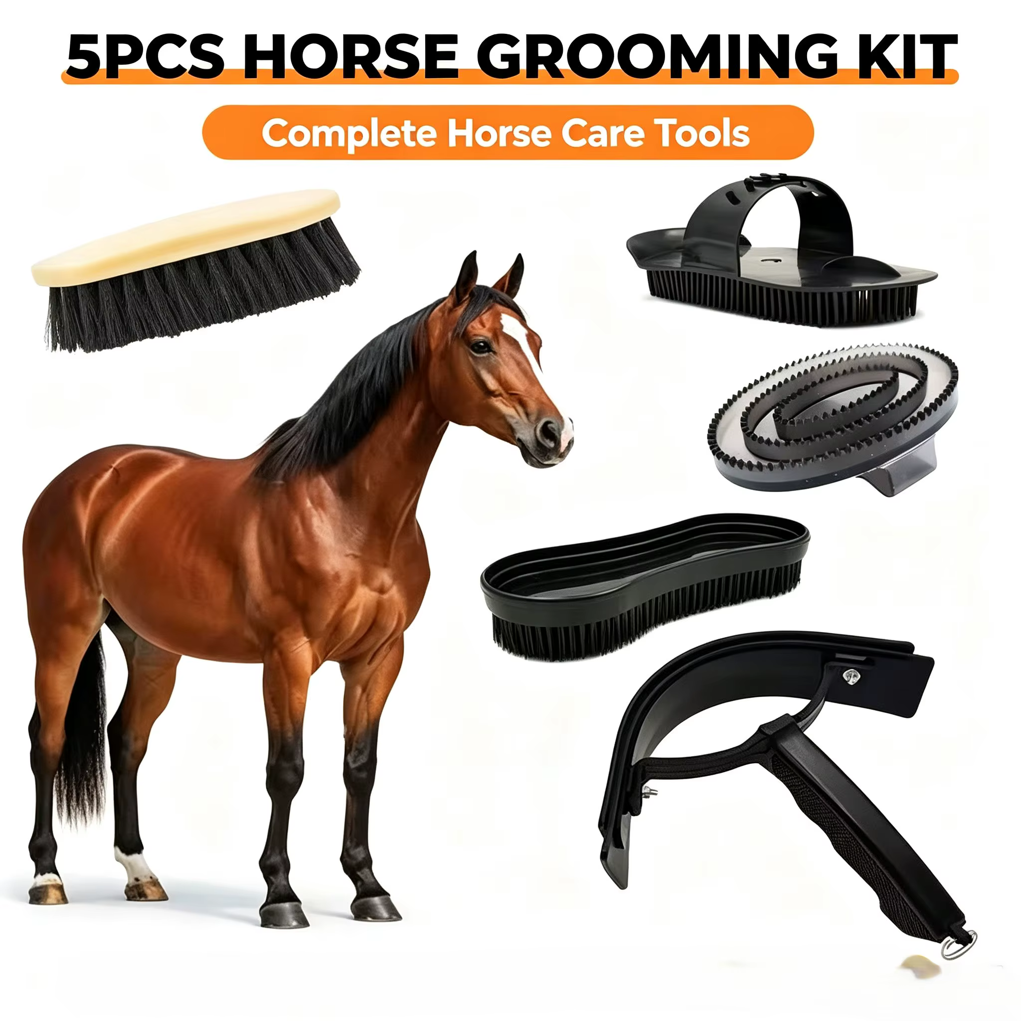 Horse Grooming Kit 5Pcs Horse Cleaning Brush Set Curry Comb Mane Puller Hoof Pick Equestrian Horse Care Tools