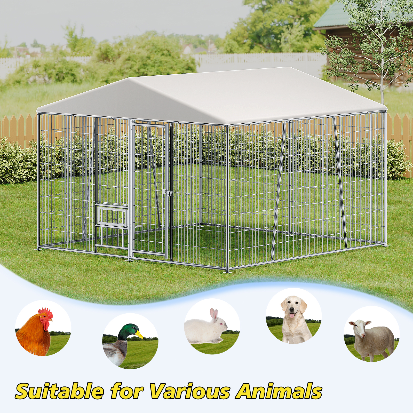 Caniles para Perro Exterior de 10 x 10 Pies, Alta Resistencia, con Plato para Alimentar, Techo Impermeable de Cobertura Total, Malla de Alambre de Fácil Ensamblaje con Cerradura Segura — imagen 5