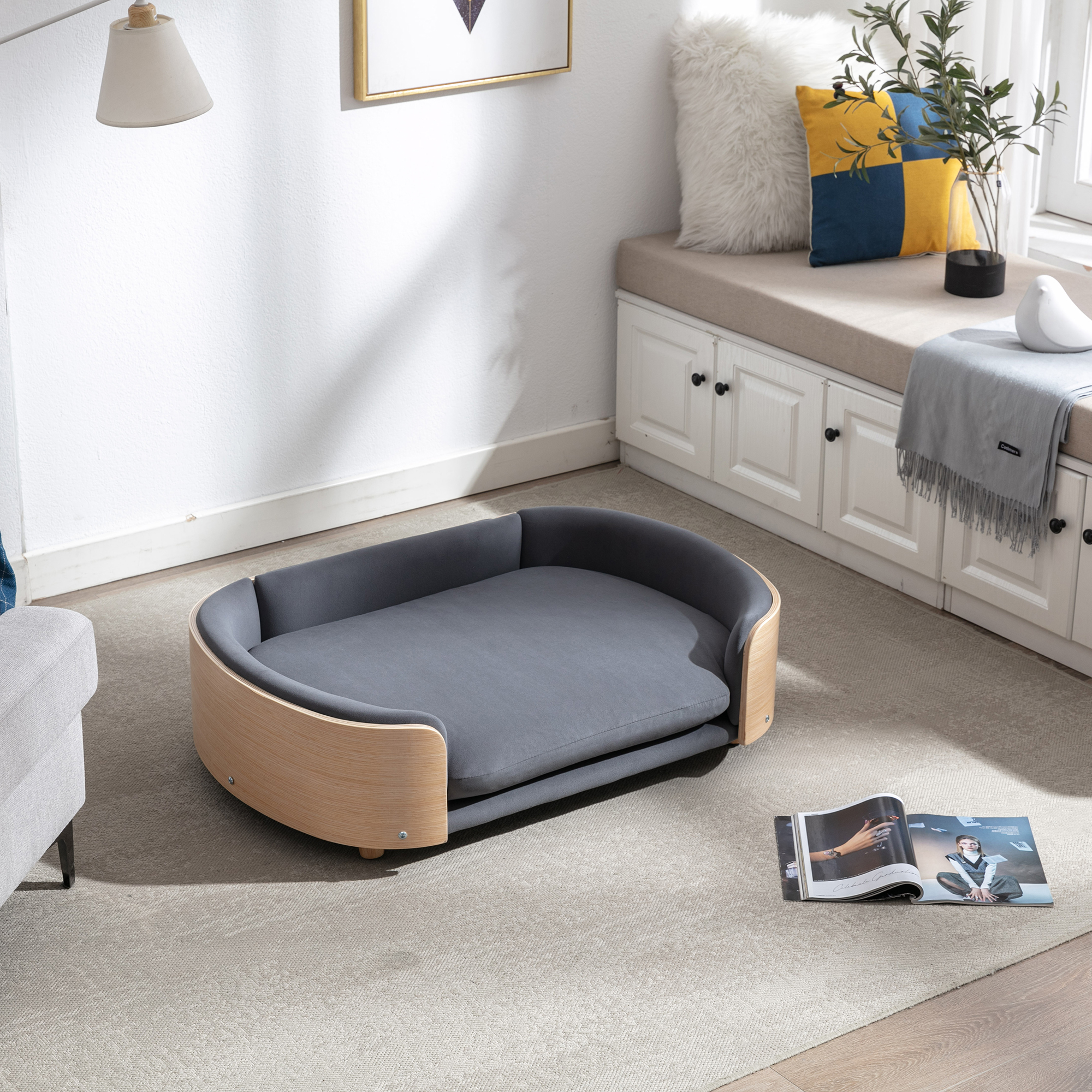 Scandinavian style Elevated Dog Bed Pet Sofa With Solid Wood legs and Bent Wood Back, Velvet Cushion, Large Size — image 9