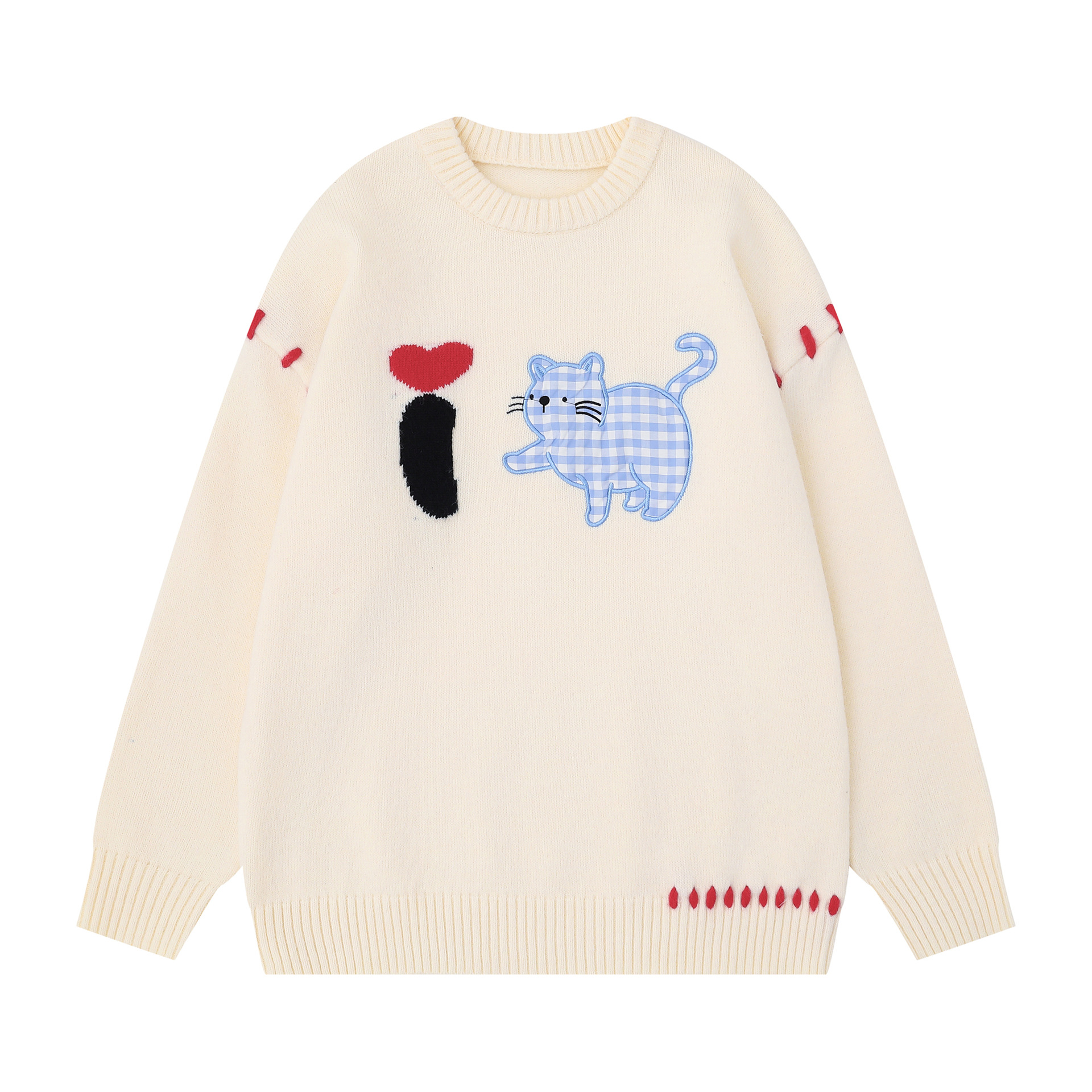 Checkered cat patch embroidered sweater — image 1
