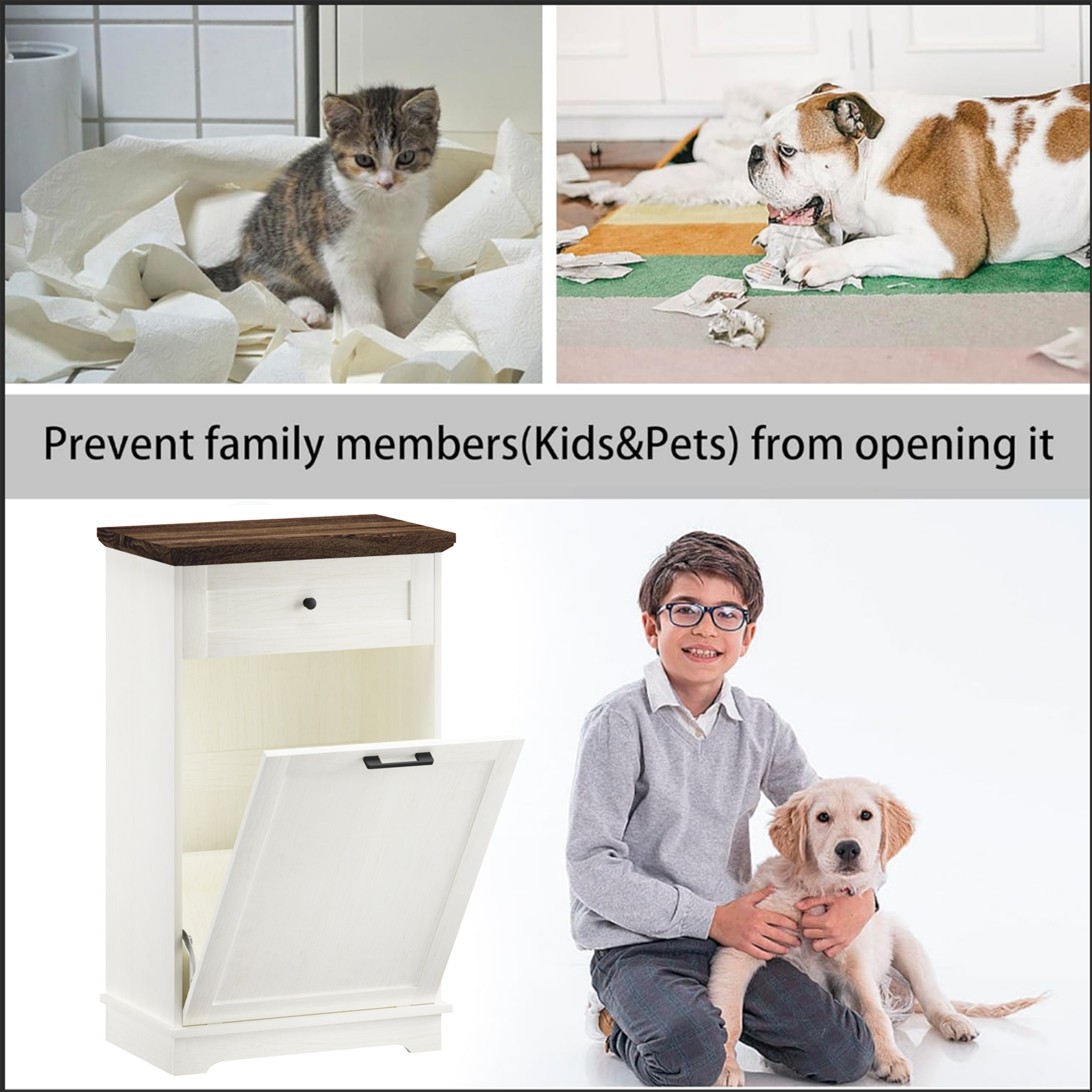 Mueble Basculante para Basurero de 10 Galones, Mueble Independiente para Bote de Basura, Mueble de Madera para Basura y Reciclaje con Cajón, a Prueba de Mascotas, para Cocina y Sala de Estar, Blanco Antiguo (No Incluye el Bote de Basura) — imagen 19