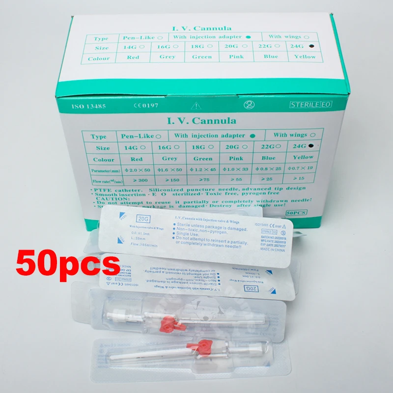 50 Piezas de Cánulas IV Veterinarias con Puerto de Inyección 20G 22G 24G, Catéter IV Tipo Mariposa, Suministros Veterinarios — imagen 1