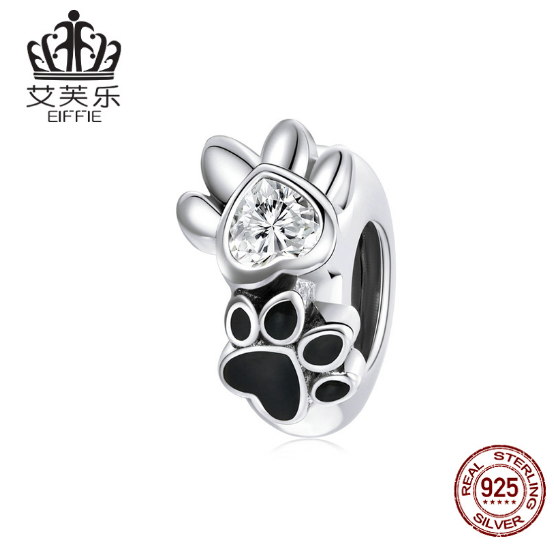 New Pet Imprint Sterling Silver Bead Bracelet s925 Cute Pet Cats And Dogs Paws Black Drip Beads — image 1
