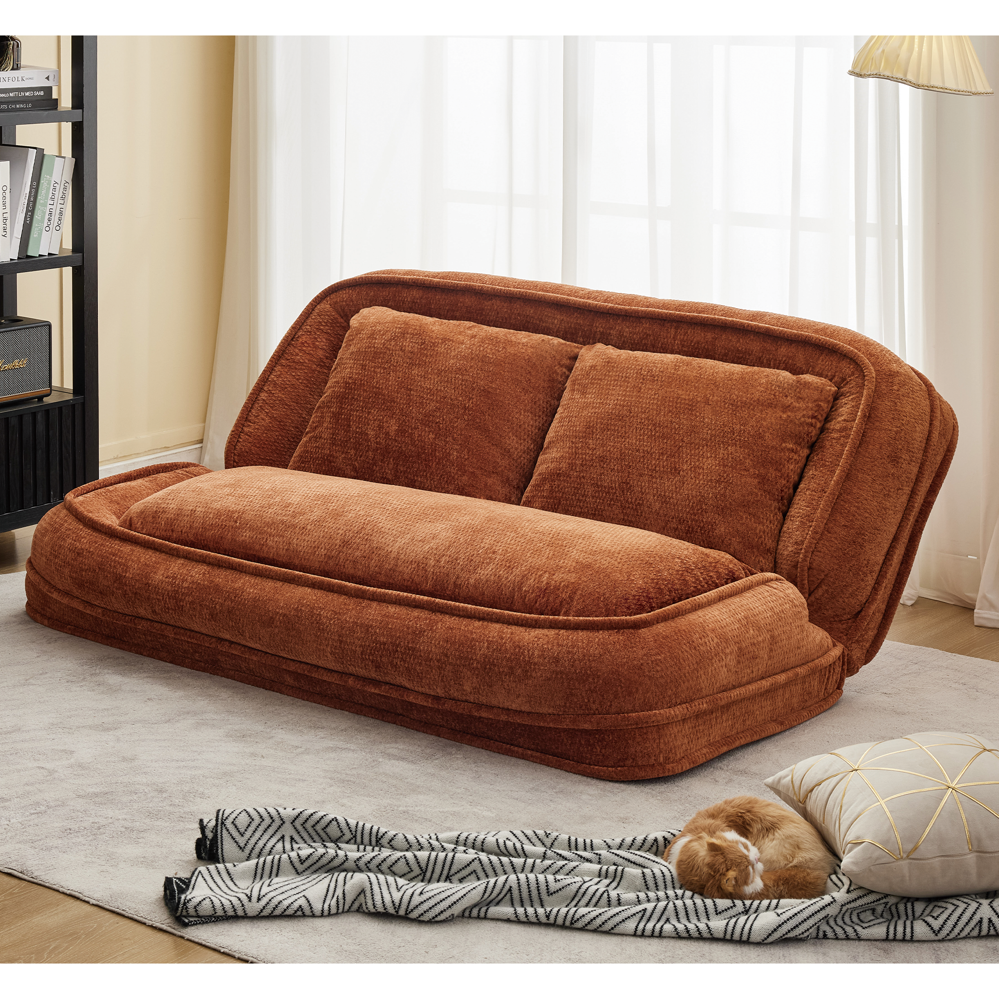 Silla de descanso doble para perros, Sofá relajante, Silla de amor, Adecuada para ti y tus mascotas, Couch de piso extra grande, Puedes sentarte o acostarte, 2 en 1, 5 posiciones ajustables, Almohada rellena, 2 asientos, Chenille naranja — imagen 9