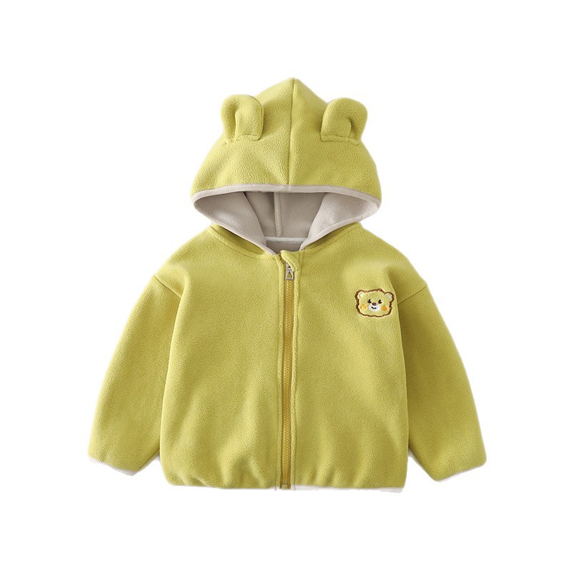 Kids Autumn Winter Fleece-Lined Bear Print Hoodie Top — image 1