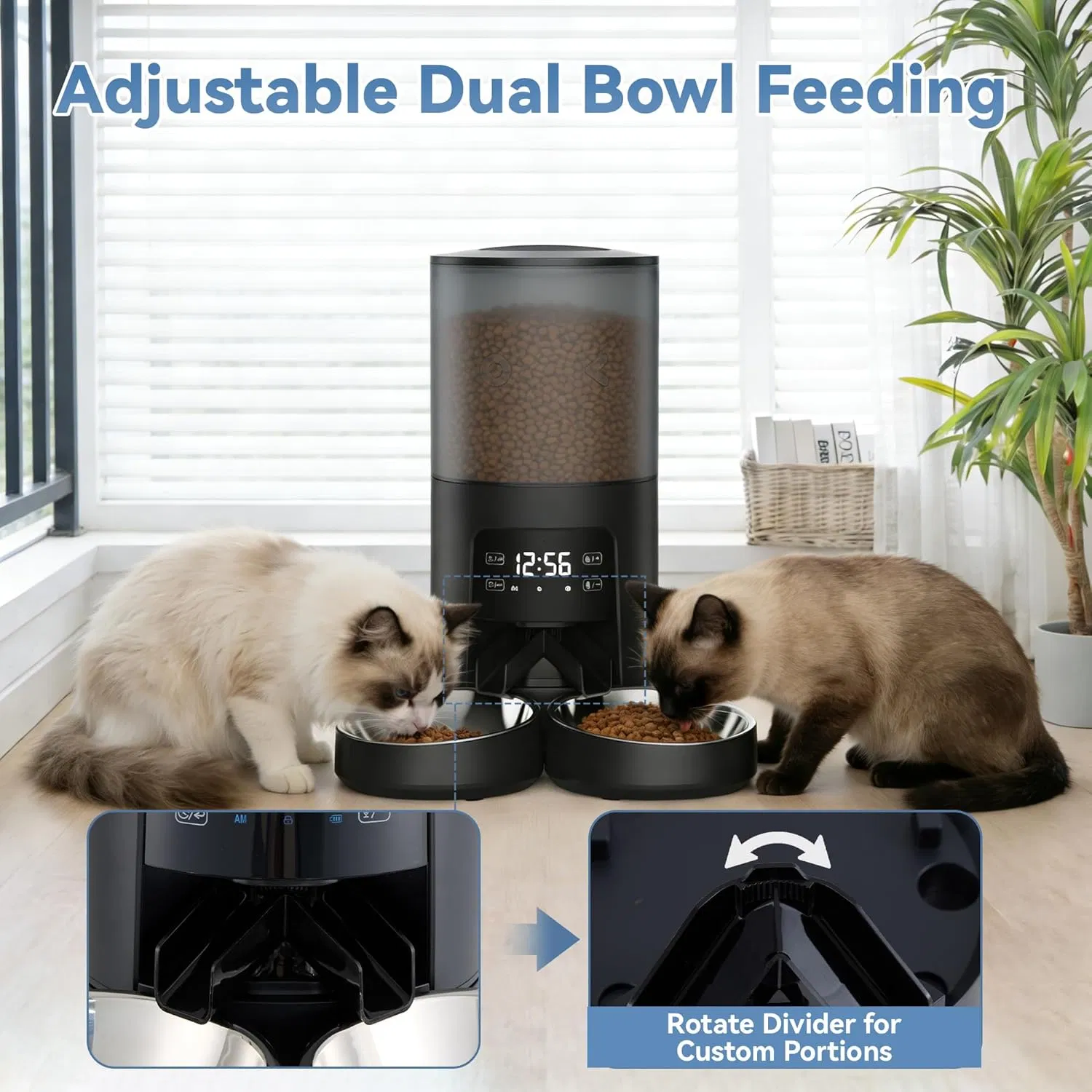 Automatic Cat Feeder for 2 Cats, Timed Cat Food Dispenser with 2 Stainless Bowls, 10s Voice Recorder, Dual Power Supply, 6 Meals 50 Portions Per Day, Dual Pet Feeder for Cat and Dog — image 7