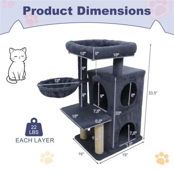 Árbol para Gatos Gris Oscuro 33.5" con 2 Niveles, Condo de 2 Pisos, Postes de Escarbar de Sisal y Dispositivo Antiderrumbe para Felinos — imagen 4