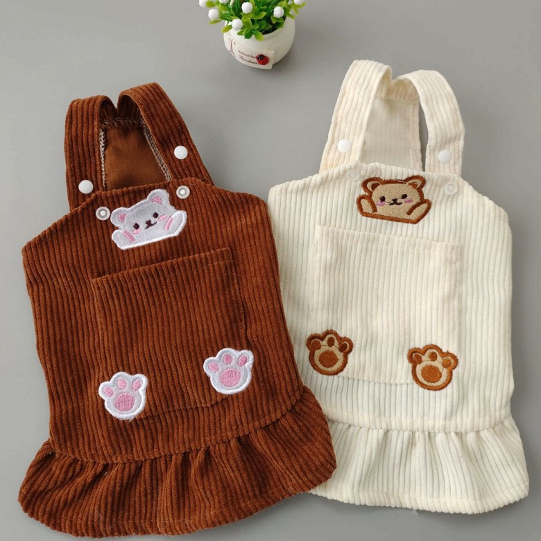 Pet Spring and Autumn Bears Embroidery Corduroy Strap Dress Cat Dog Clothes Teddy Korean Bibear Pomeranian VIP — image 2
