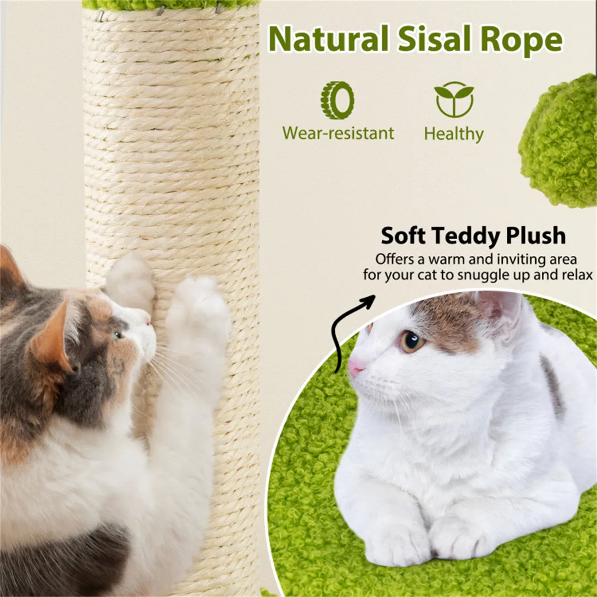 48" Cat Tree with Tropical Leaves - Self-Groomer & Scratching Posts, Space-Saving (Green+Orange) — image 4
