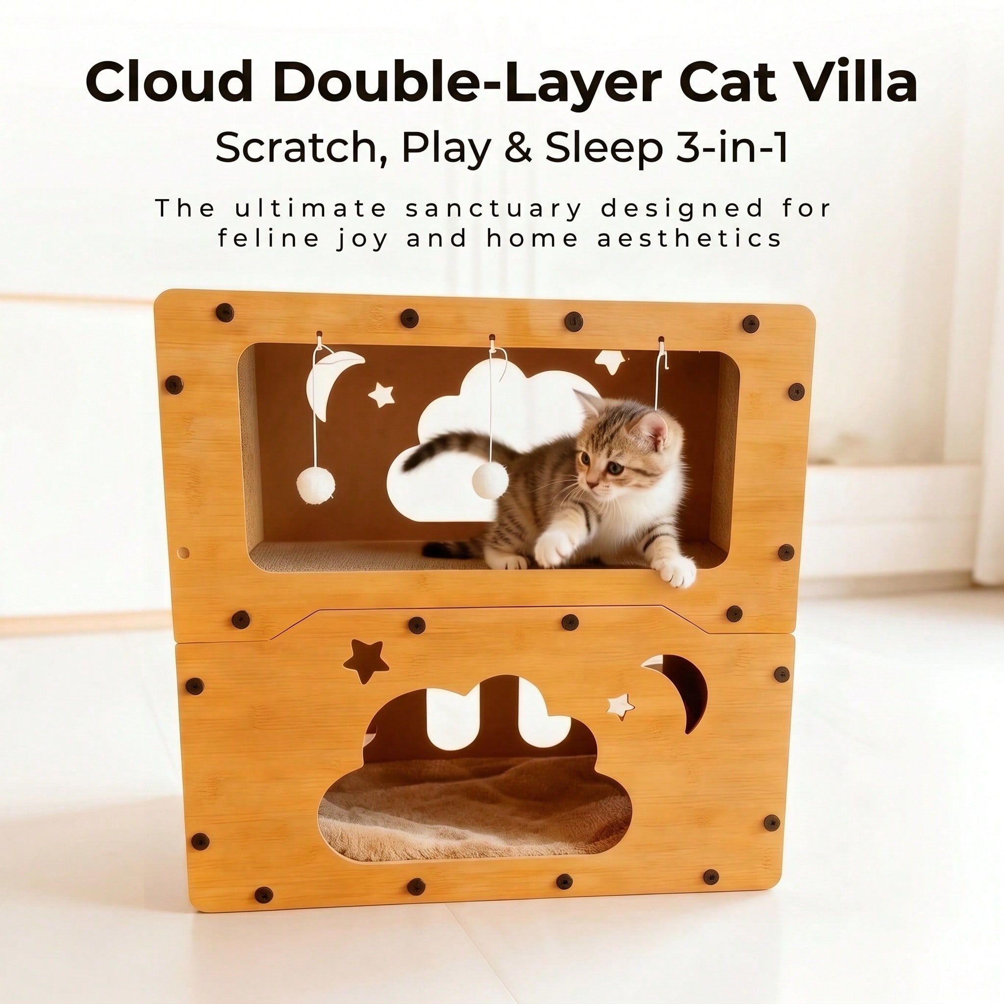Casa Rascador para Gatos de Doble Capa en 2 Estilos, Nido Multifuncional de Cartón Corrugado, Villa Espaciosa, Cama Cueva para Gatos con Juguete de Bola Colgante, Resistente al Desgaste, Casa para Gatos de Interior para Afilar Uñas — imagen 10