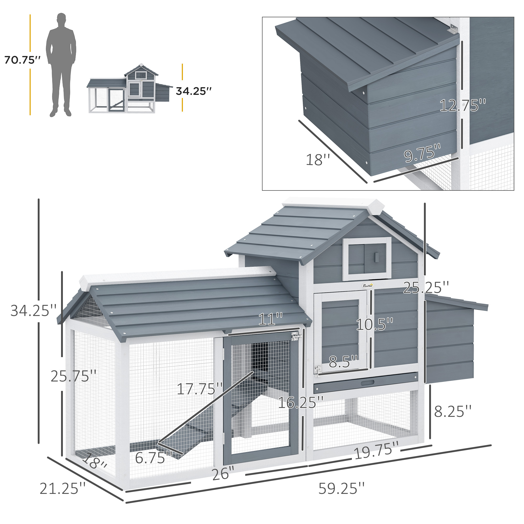 PawHut 59 Small Wooden Chicken Coop Hen House Poultry Cage For Outdoor Backyard With 2 Doors, Nesting Box And Removable Tray, White — imagen 3