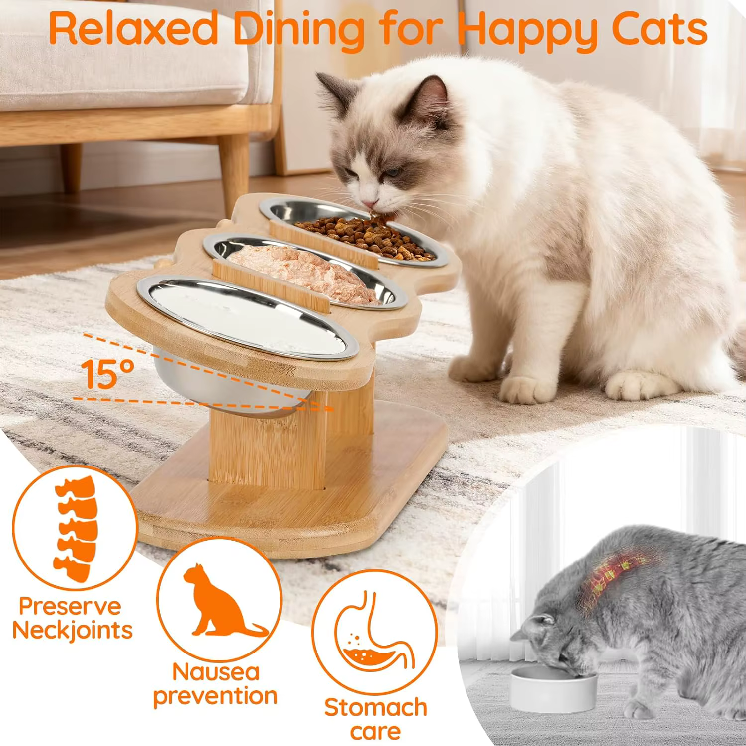 Elevated Cat Bowls Raised Wood Stand Feeder with 3 Stainless Steel Bowls Feeding & Watering Supplies for Puppy Cats Accessories — image 3