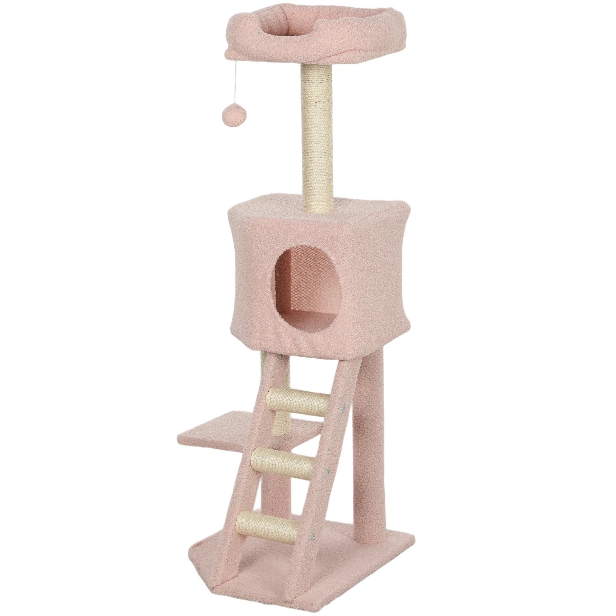 47" Tall Cat Tree Tower with Condo, Ladder, Scratching Posts and Hanging Ball, Pink — image 1