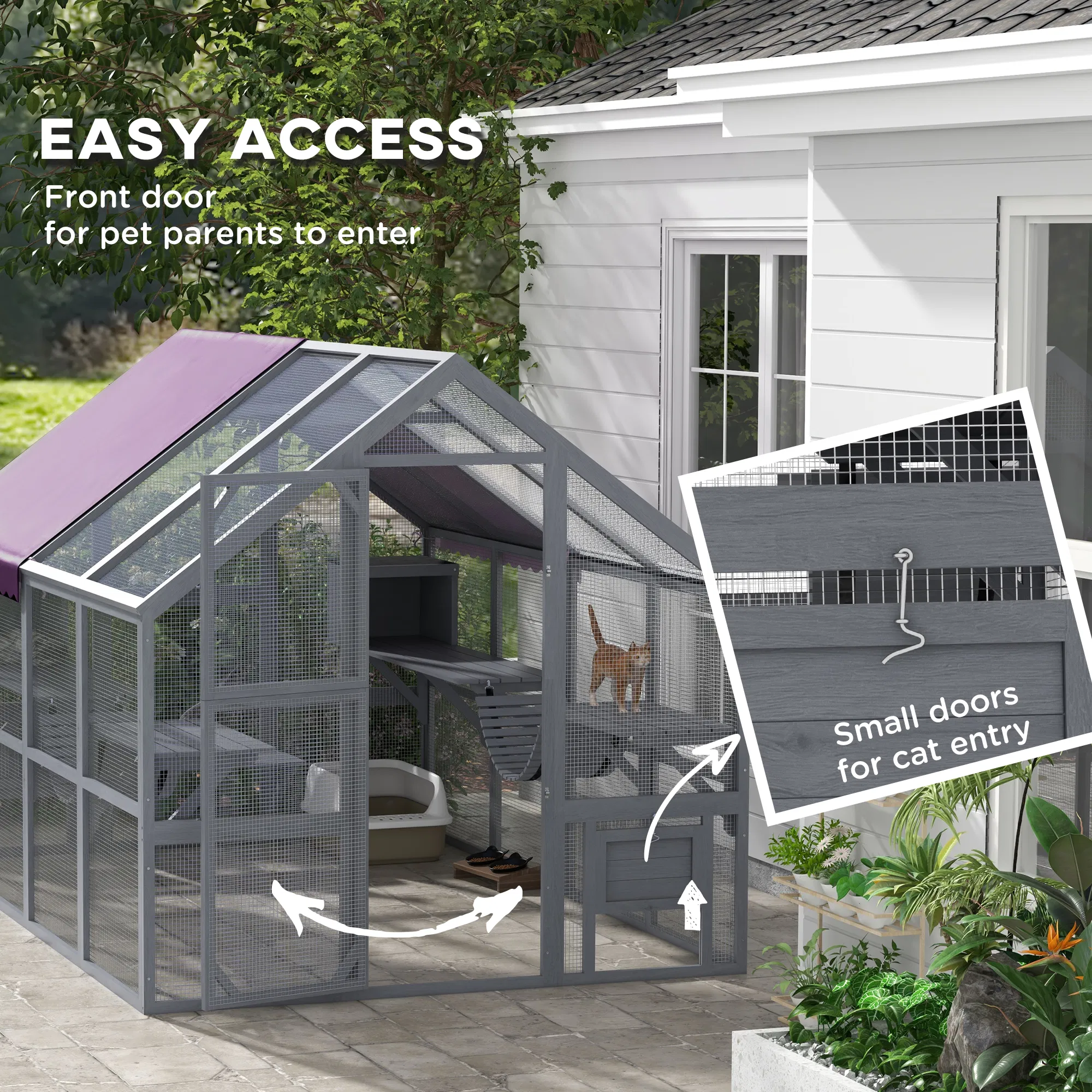 Outdoor Cat Enclosure Wooden Feral Cat House w/ Weatherproof Canopy, Bridges, Resting Boxes, Platforms, for 3-6 Cats — image 3