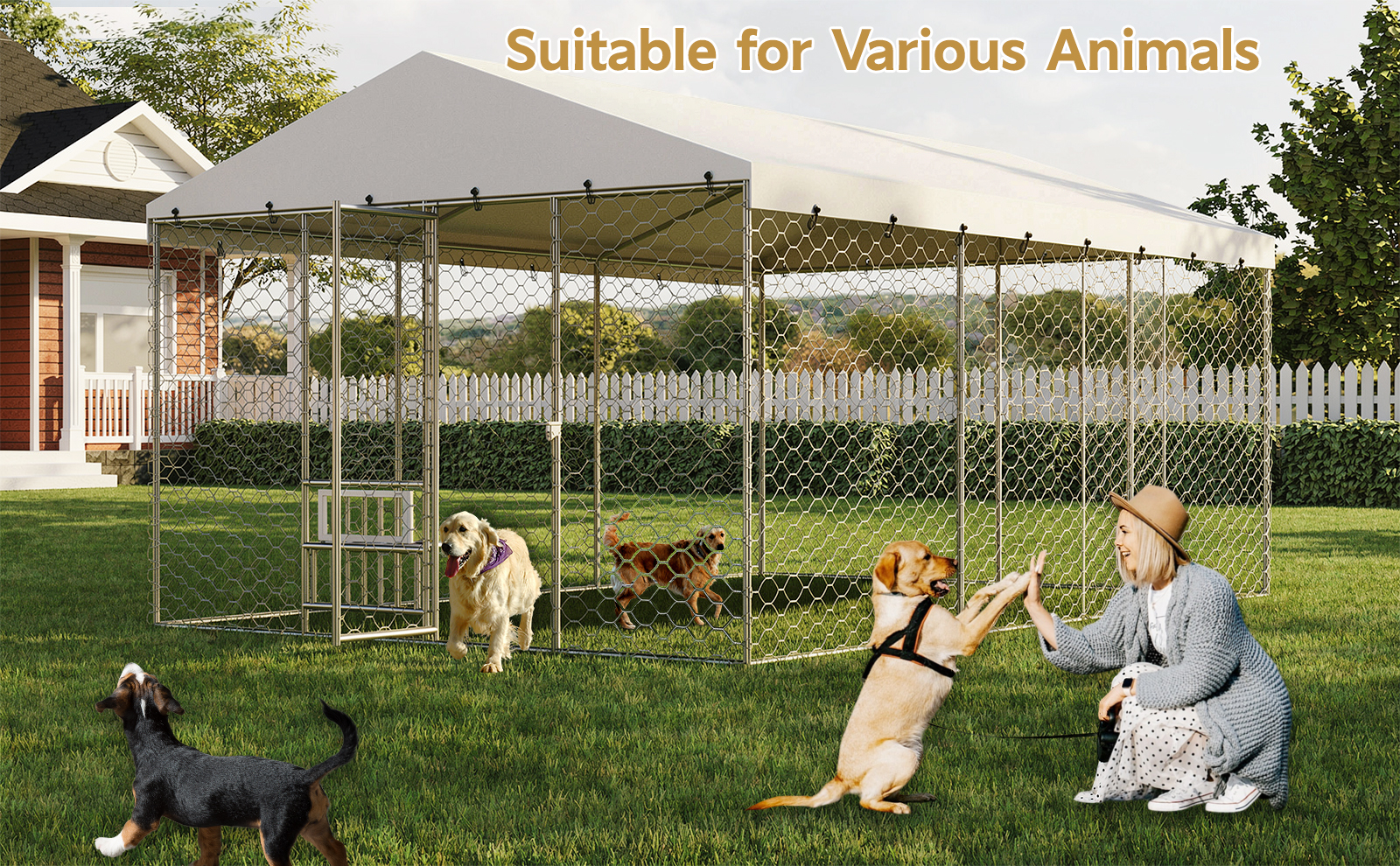 Casa de Perro Al Aire Libre Grande con Techo, Estructura de Acero Galvanizado Resistente, Cubierta Impermeable, Comodines de Alimentación Elevados Integrados, Jaula Segura para Perros Grandes y Animales Múltiples — imagen 12