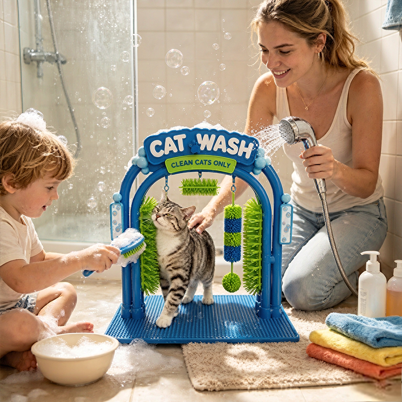 Cat Shampoo Massage Brush Arch – Self Grooming Bathing Scratcher Station with Soft Bristles, Cat Bath Spa Toy — image 2