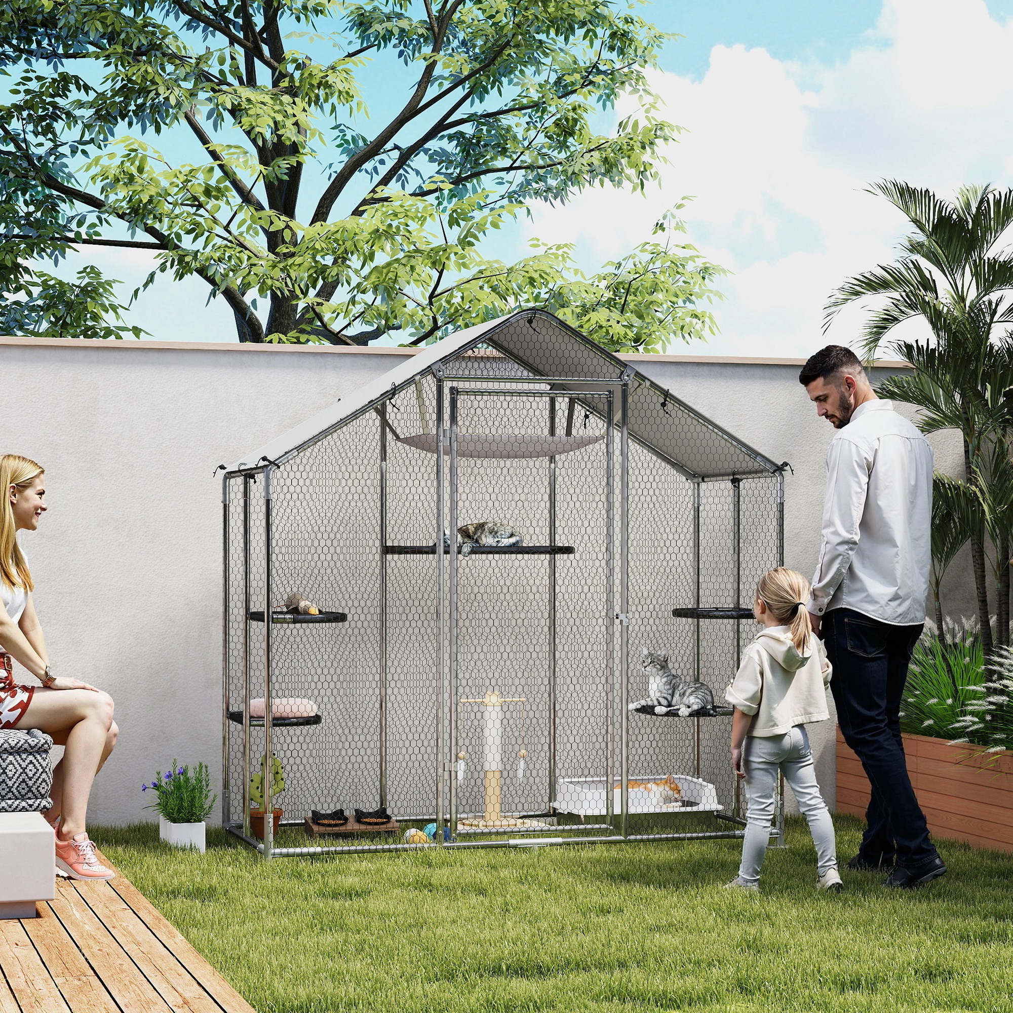 Catio al aire libre grande para gatos con cubierta impermeable, patio para caminar con 5 plataformas ajustables y hamaca — imagen 4
