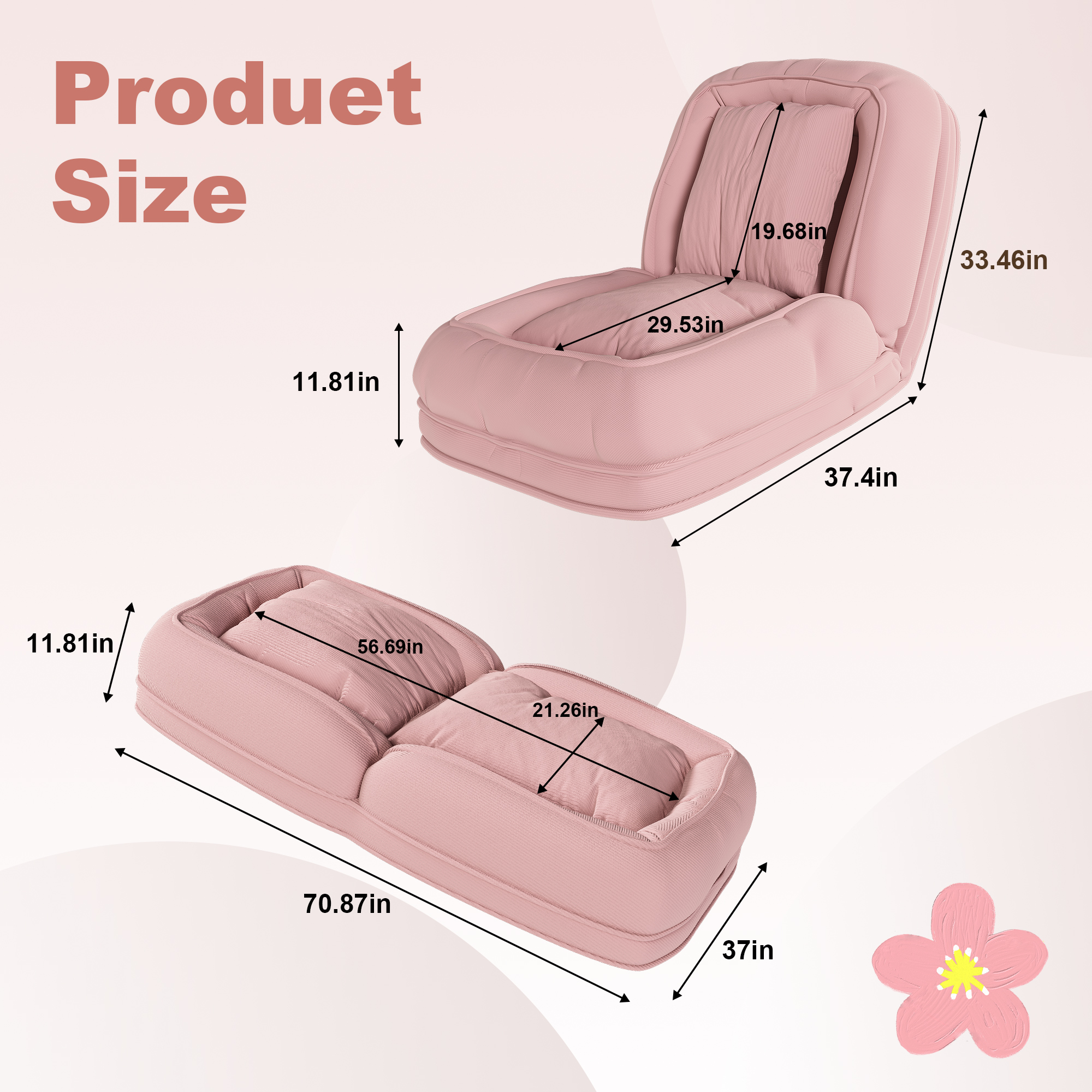 Silla Sofá Reclinable para Adultos y Mascotas con 5 Posiciones Ajustables, Incluye 2 Almohadillas Suaves para Dormir o Leer en Rosa — imagen 2