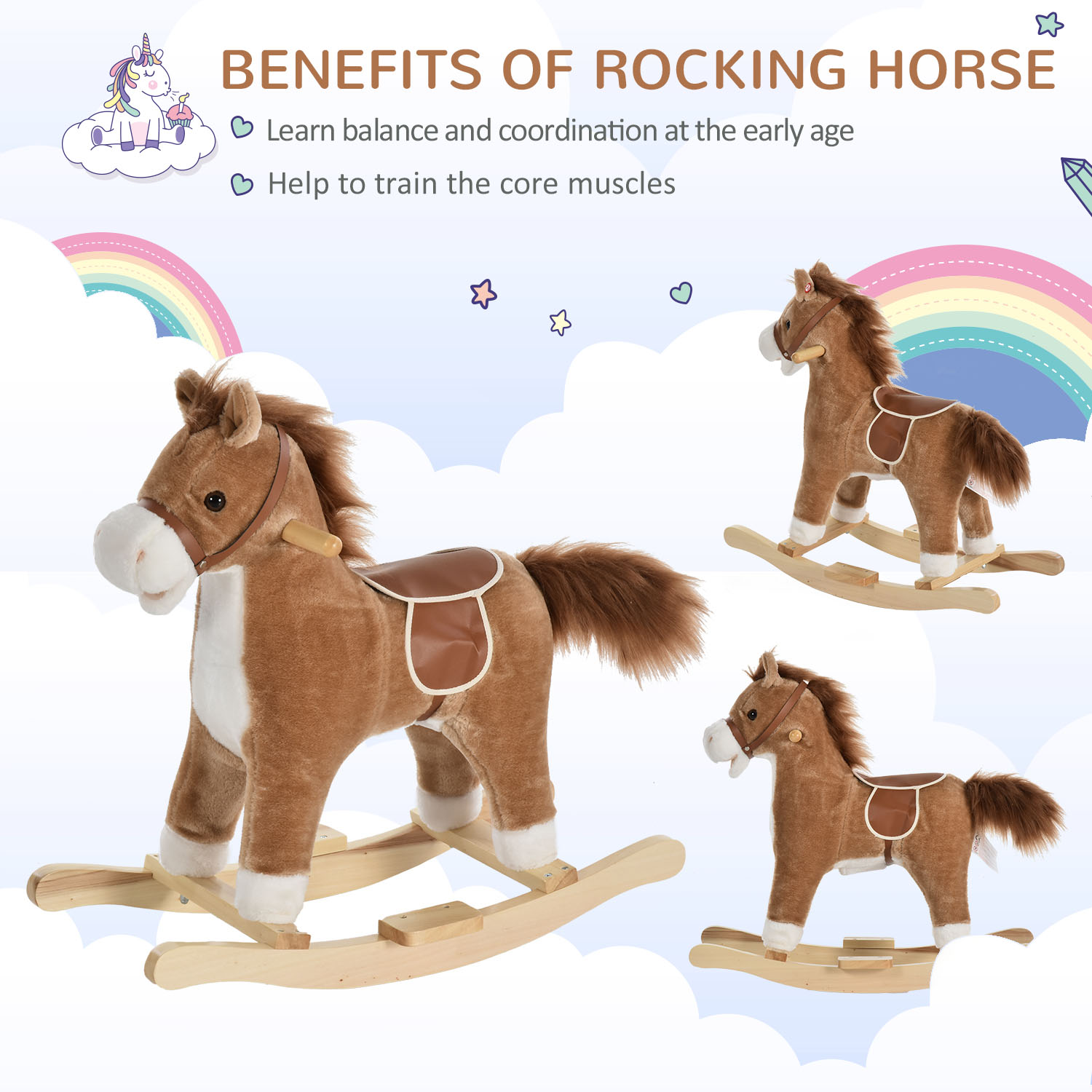 Caballo de Madera con Sonidos y Movimientos, Silla de Paseo para Niños con Boca que Se Mueve y Cola que Se Balancea, Marrón — imagen 6