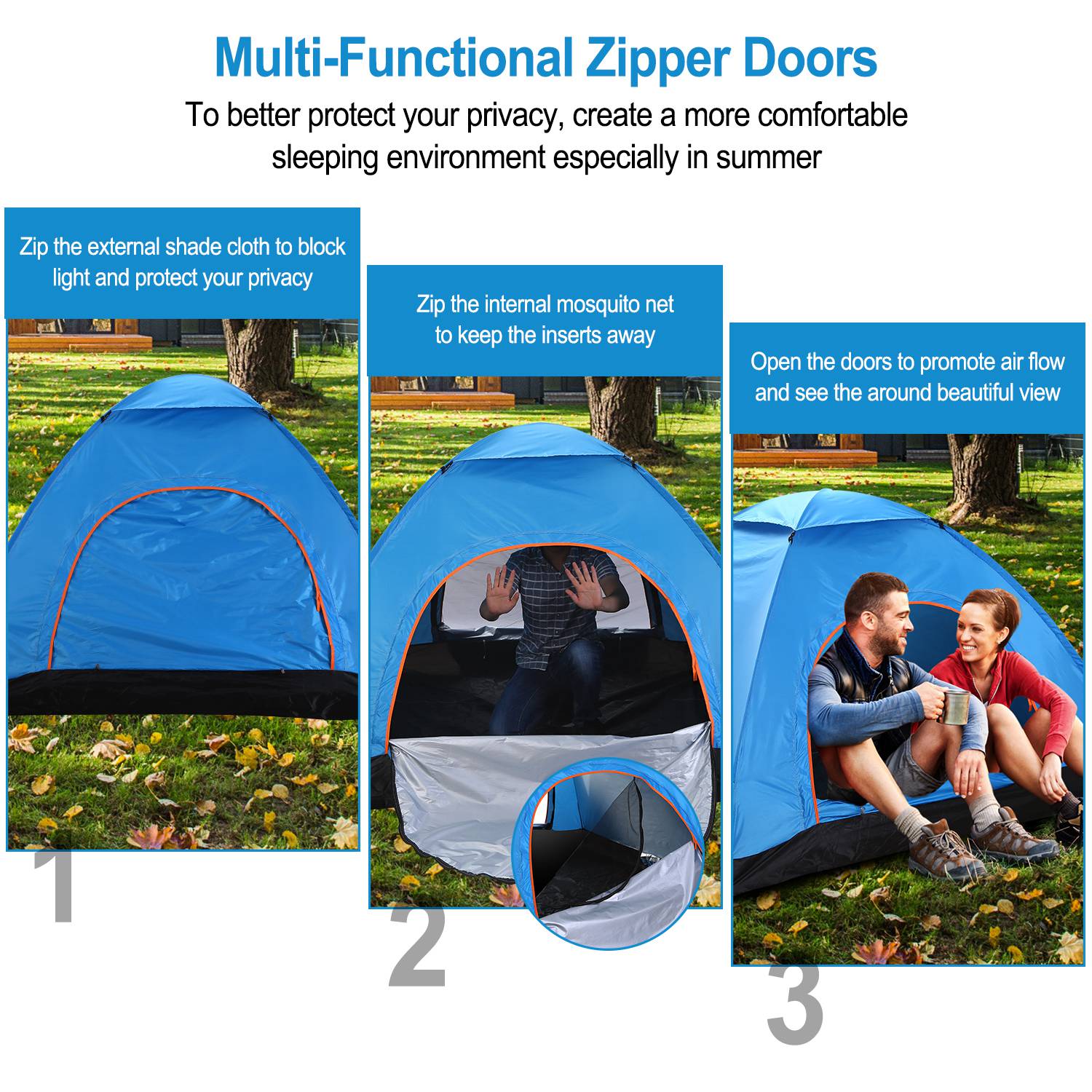 Carpa de Camping Impermeable para 4 Personas, Carpa de Armado Instantáneo con Puertas de Mosquitero, Bolsa de Transporte, Plegable para las 4 Estaciones, para Senderismo, Escalada, Aventura y Pesca — imagen 5