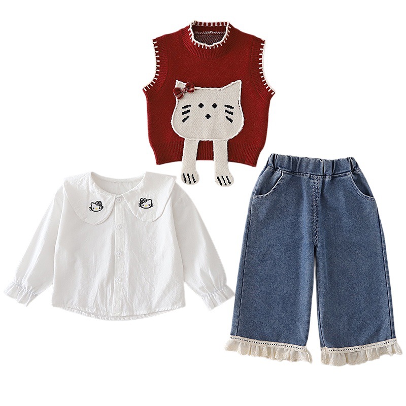 Girls Cat Pattern Sweater Vest Shirt Pants Set — image 6