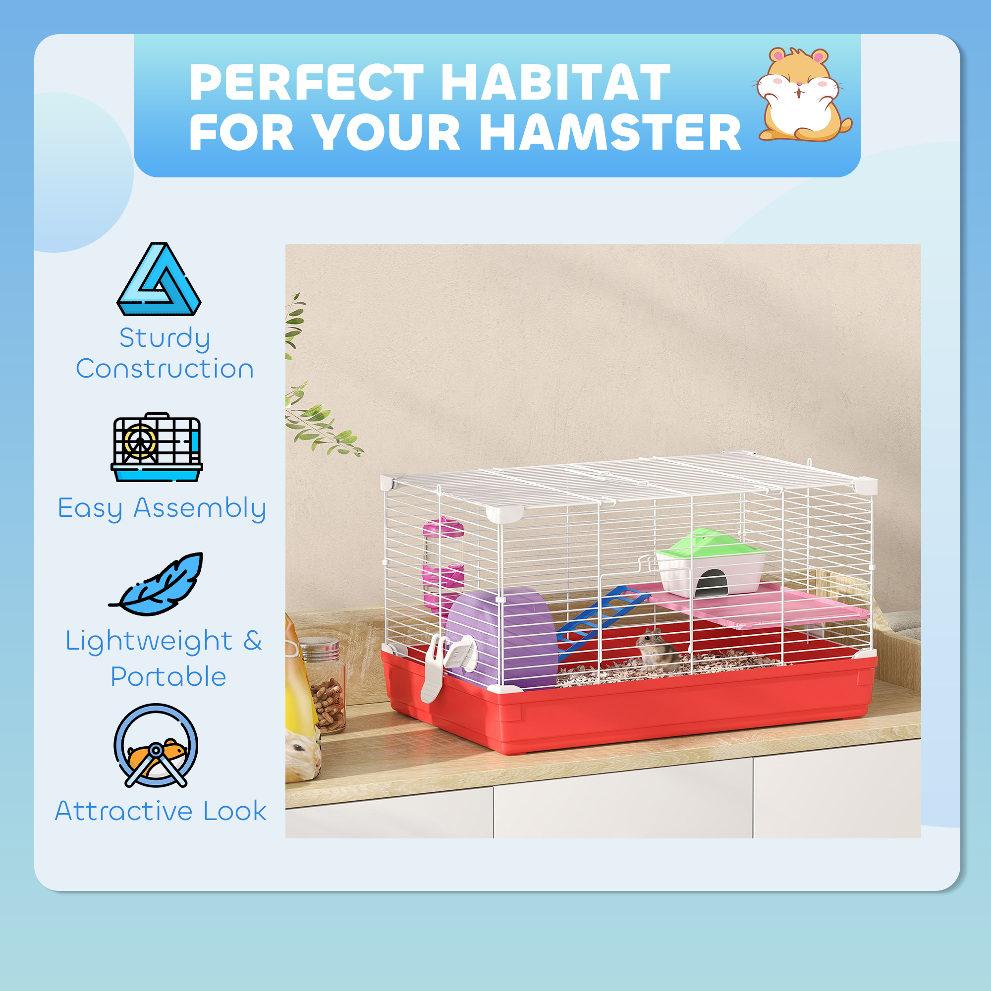 Caja para Hamsters de 46.7 cm con Rueda de Ejercicio y Botella de Agua, Plato, Casa para Ratones y Hábitat Diseño de 2 Plantas Rojo — imagen 5